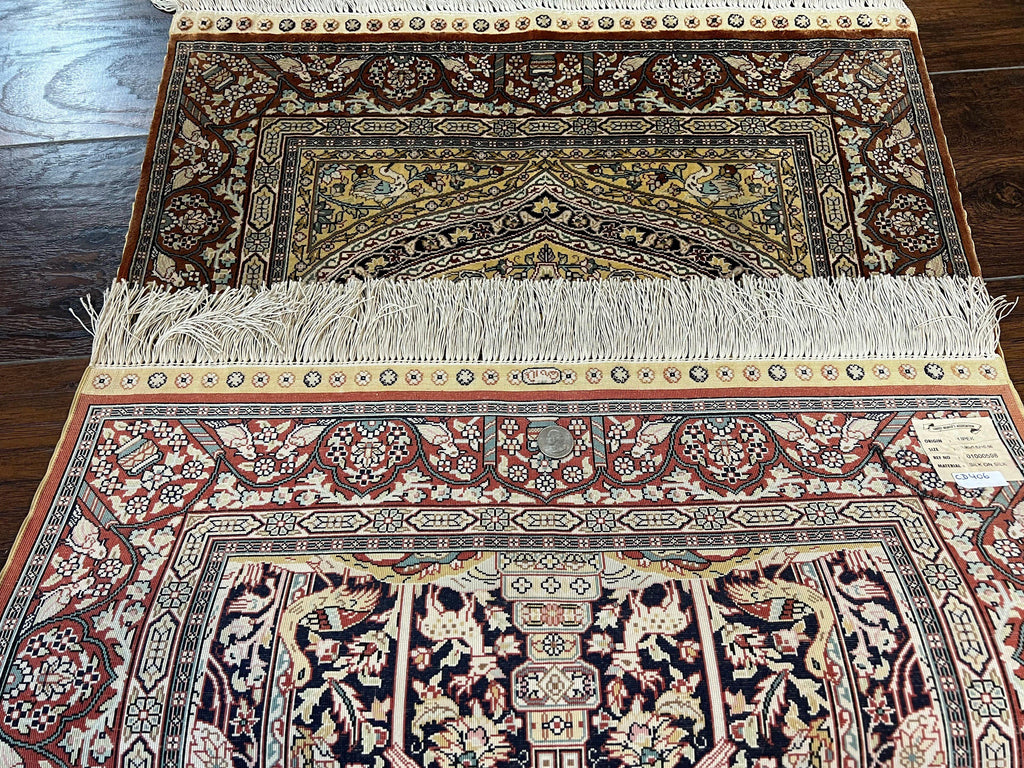 Turkish Silk Hereke Rug 2x3, Floral Vase Tree of Life Birds, Silk Pile on Silk Foundation, Vintage Oriental Carpet, Very Fine, Signature