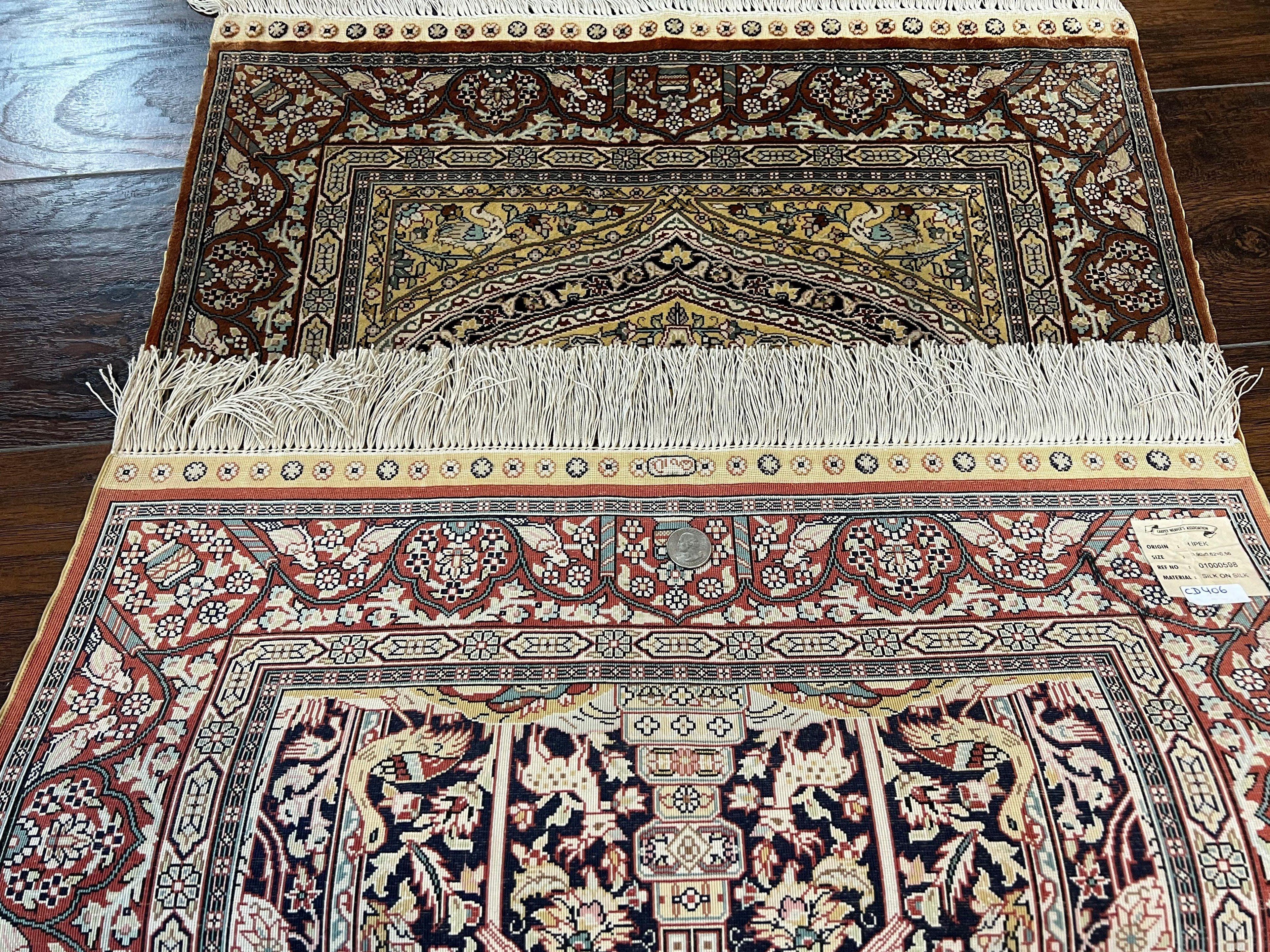 Turkish Silk Hereke Rug 2x3, Floral Vase Tree of Life Birds, Silk Pile on Silk Foundation, Vintage Oriental Carpet, Very Fine, Signature