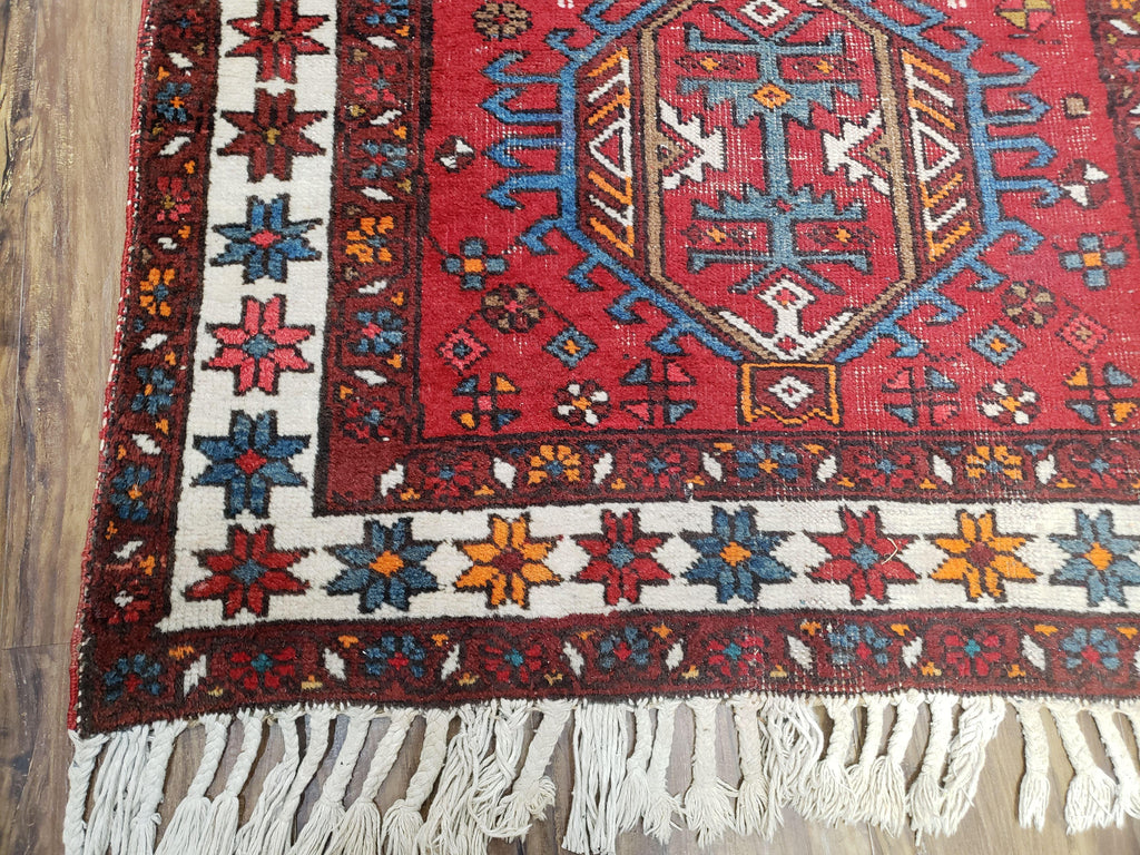 Antique Persian Heriz Karajeh Runner Rug 3x11, Hand-Knotted Red Geometric Medallions