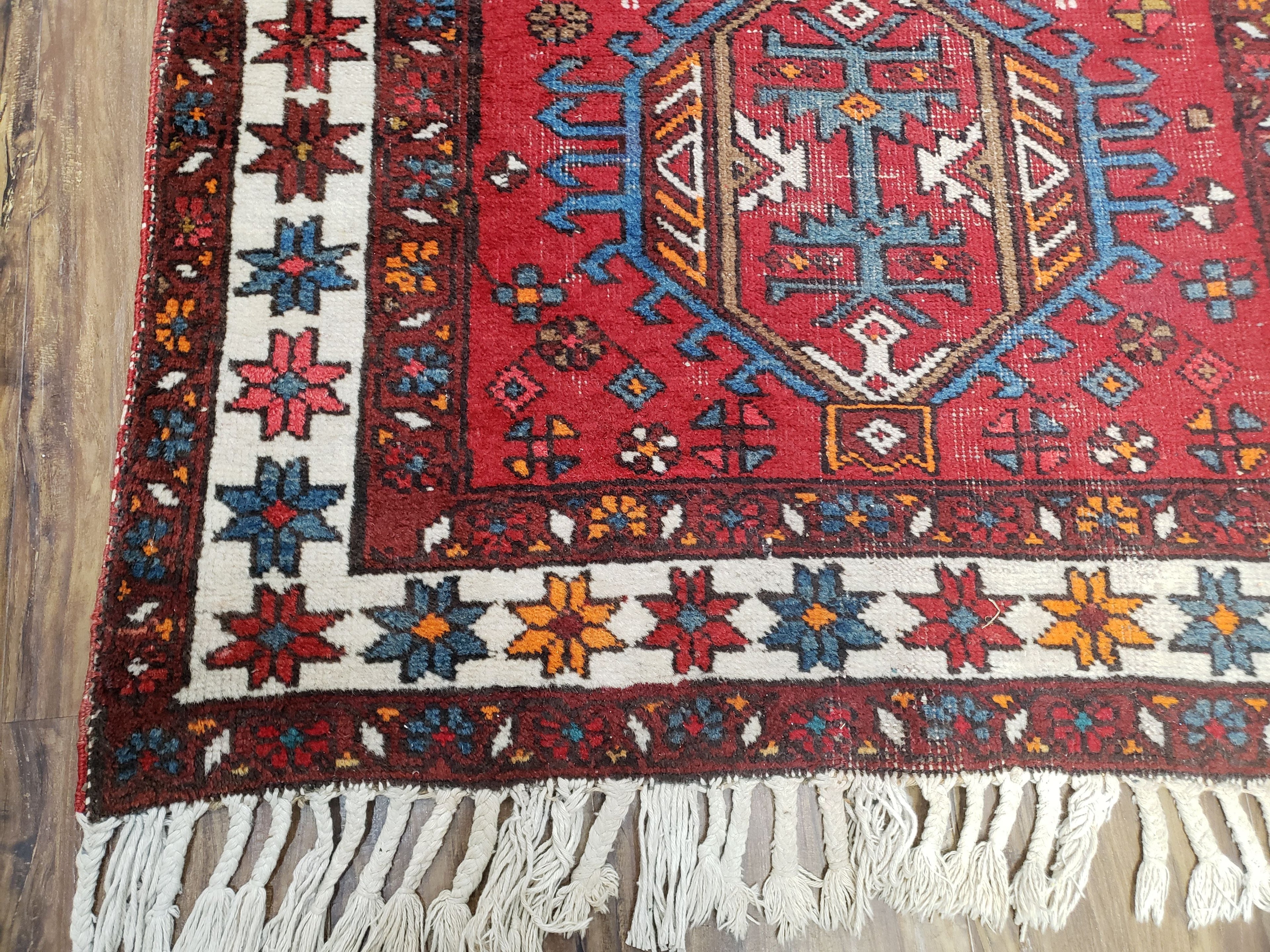 Antique Persian Heriz Karajeh Runner Rug 3x11, Hand-Knotted Red Geometric Medallions