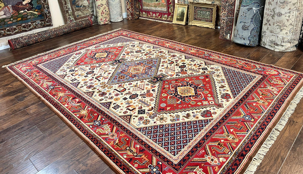 Belgium Power Loomed Rug 8x12, Geometric Medallions Persian Tribal Pattern, Vintage Wool Carpet, Ivory Red Blue