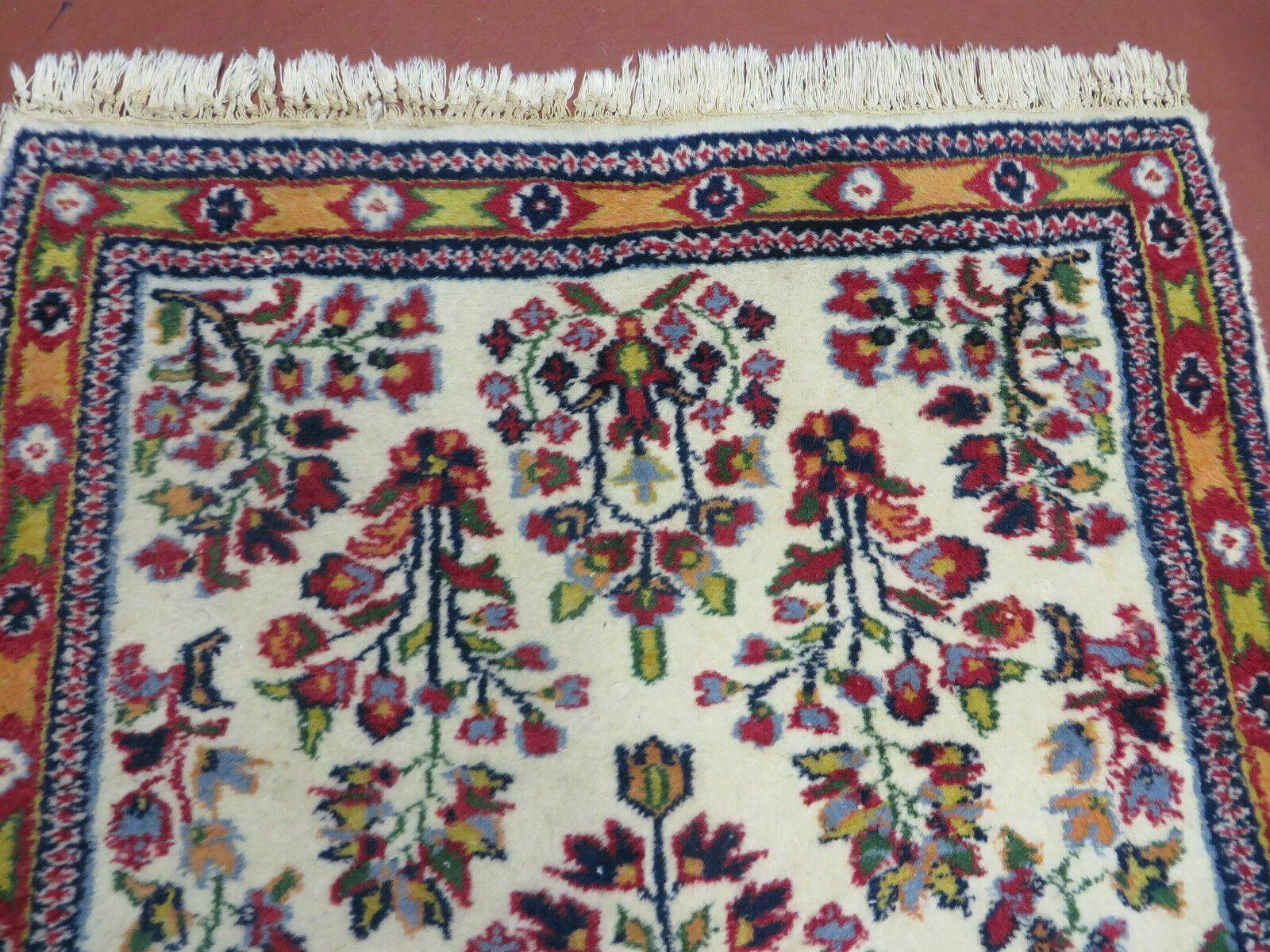 Small Persian Rug 2 x 3, Tiny Persian Sarouk Carpet, Cream Navy Blue Red, Floral Medallion, Vintage Wool Rug, Handmade Hand-Knotted Oriental Rug