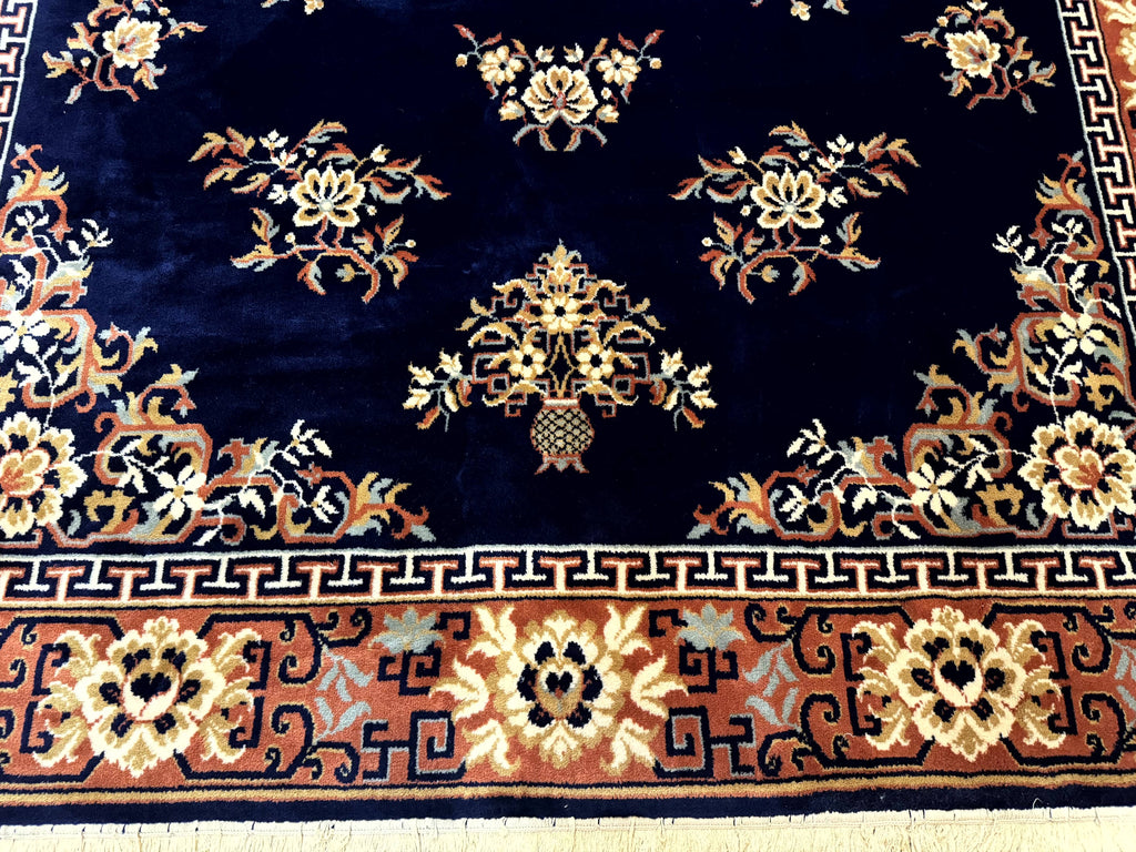 Chinese Wool Rug 8x11, Navy Blue and Terracotta, Floral, Couristan Belgium Power Loomed Carpet