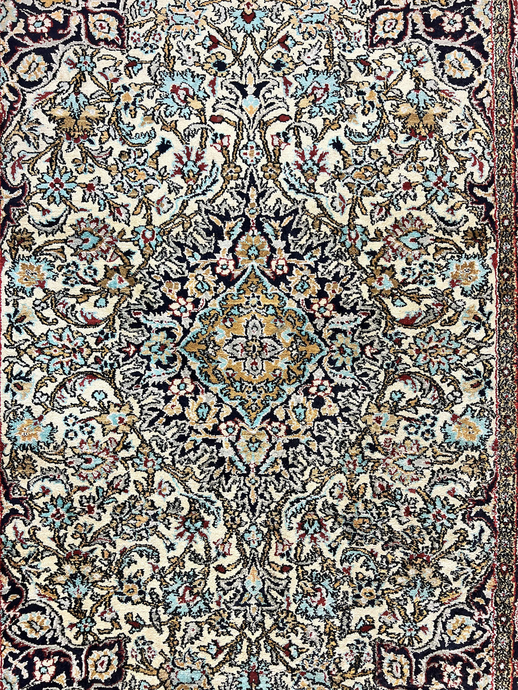 Silk Persian Qum Rug 4x5, Hand Knotted Vintage Carpet, Cream & Navy Blue, Silk Pile on Silk Foundation, Very Fine 360 KPSI