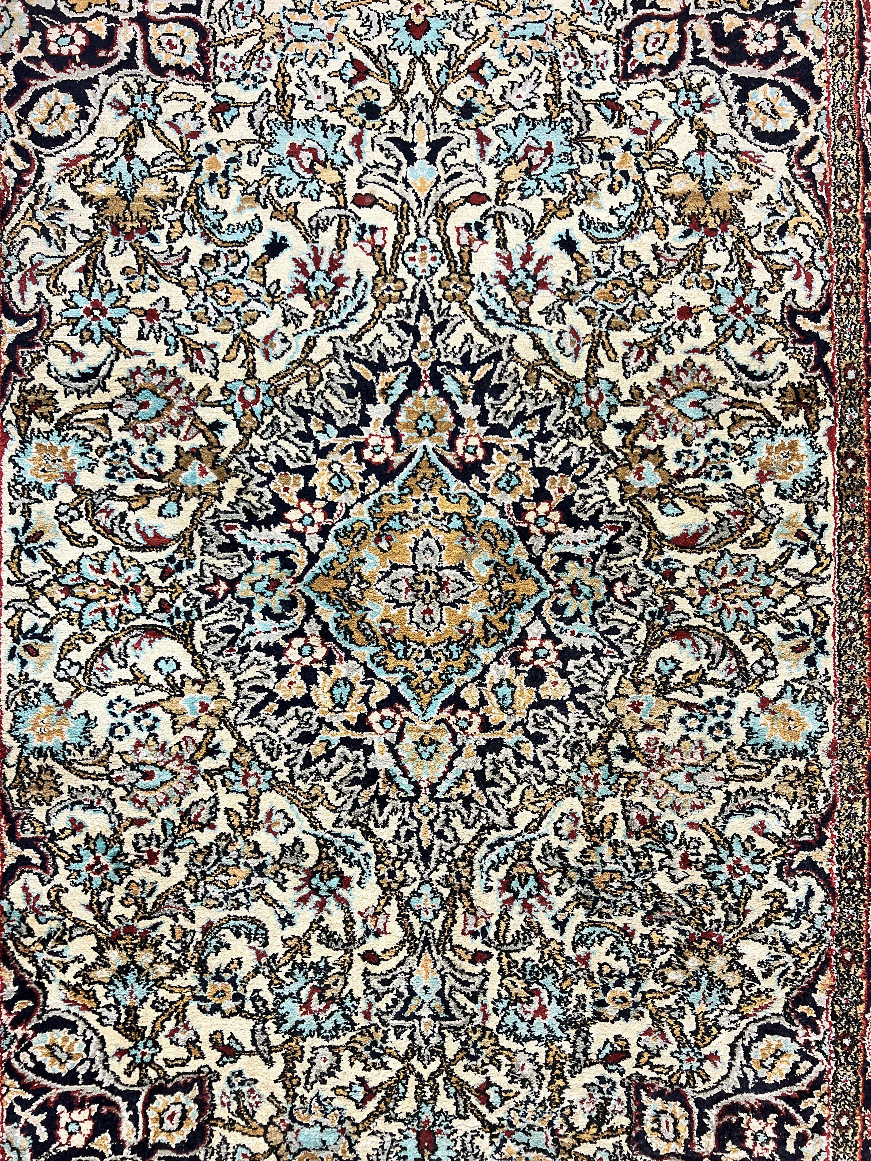 Silk Persian Qum Rug 4x5, Hand Knotted Vintage Carpet, Cream & Navy Blue, Silk Pile on Silk Foundation, Very Fine 360 KPSI