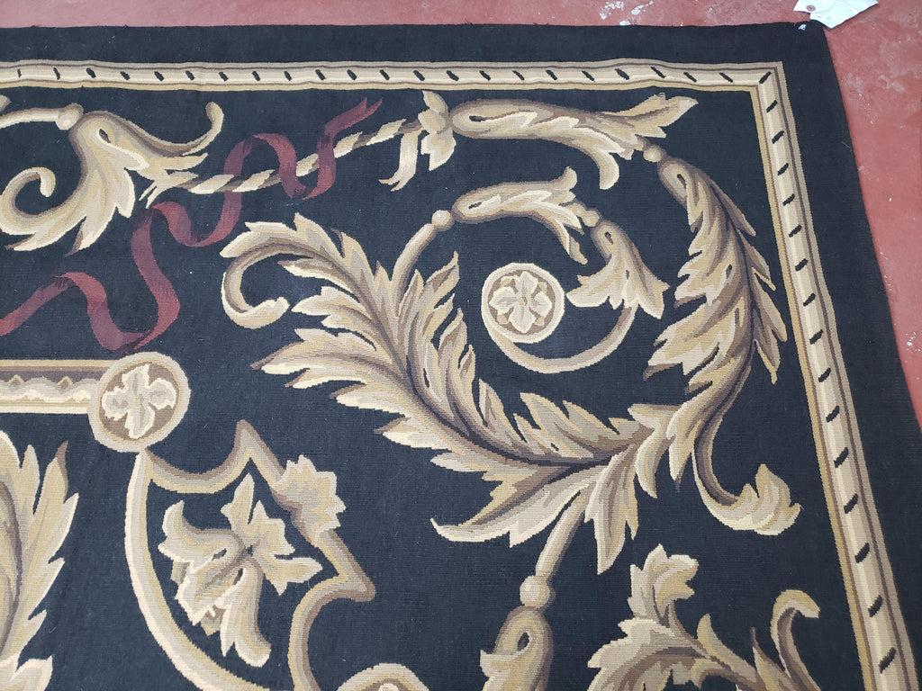Black and Tan Aubusson Rug, 10 x 14 Aubusson Carpet, New Aubusson Rug, Elegant, Wool, Handmade Area Rug, Flatweave Rug, Large Aubusson Rug