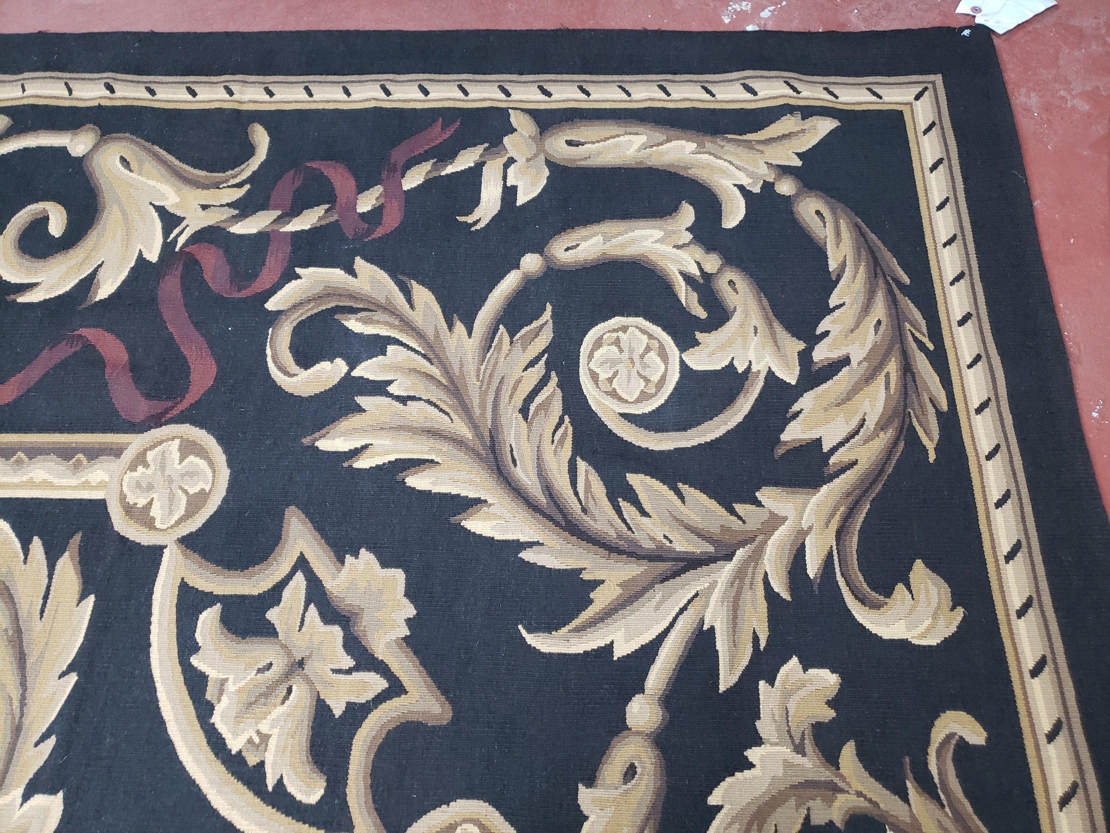 Black and Tan Aubusson Rug, 10 x 14 Aubusson Carpet, New Aubusson Rug, Elegant, Wool, Handmade Area Rug, Flatweave Rug, Large Aubusson Rug