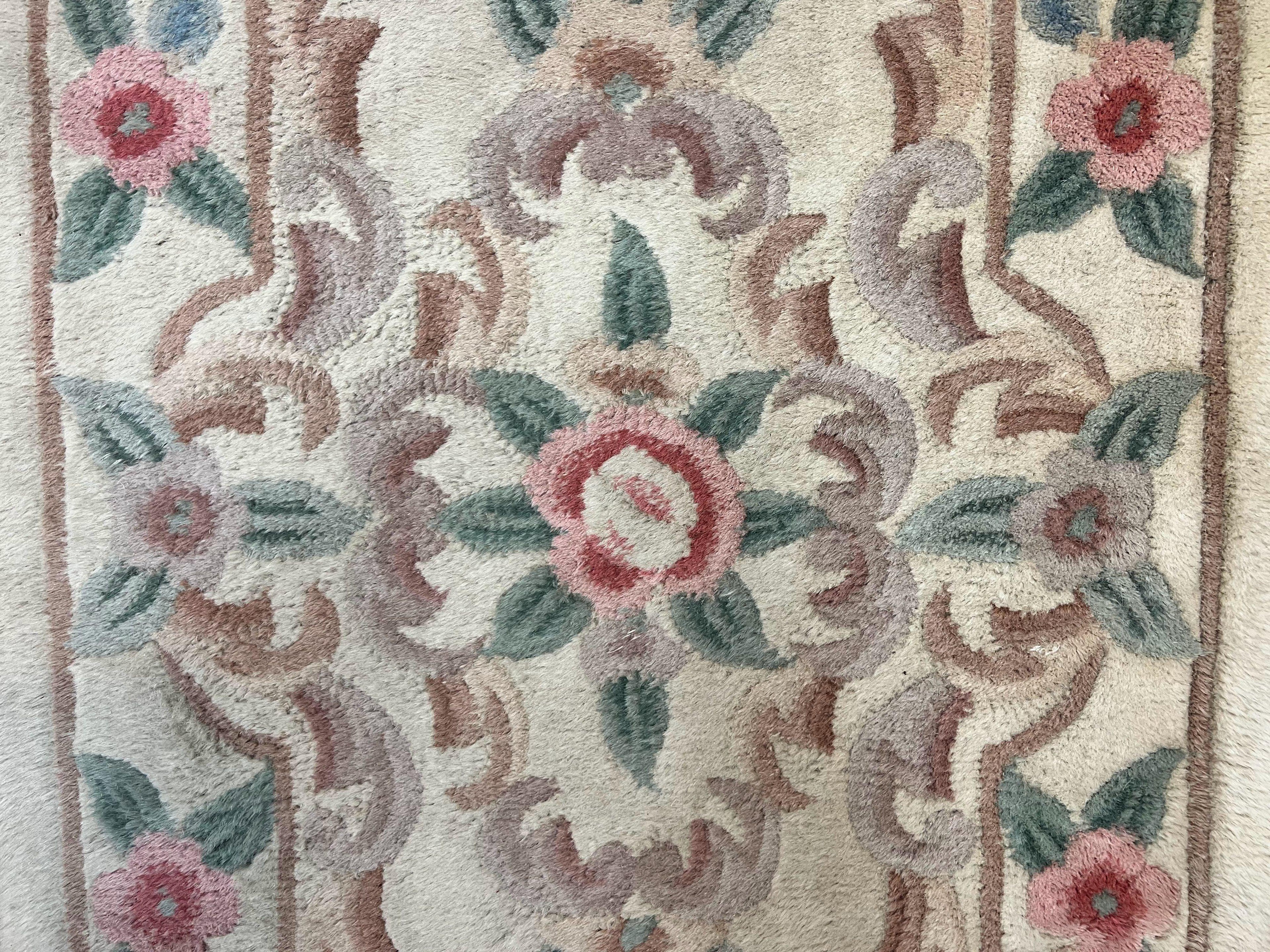 Chinese Aubusson Runner Rug 2.4 x 11, Hand Tufted Beige Floral European Design Hallway Rug, Elegant Rug, Vintage Wool Rug 11ft Long