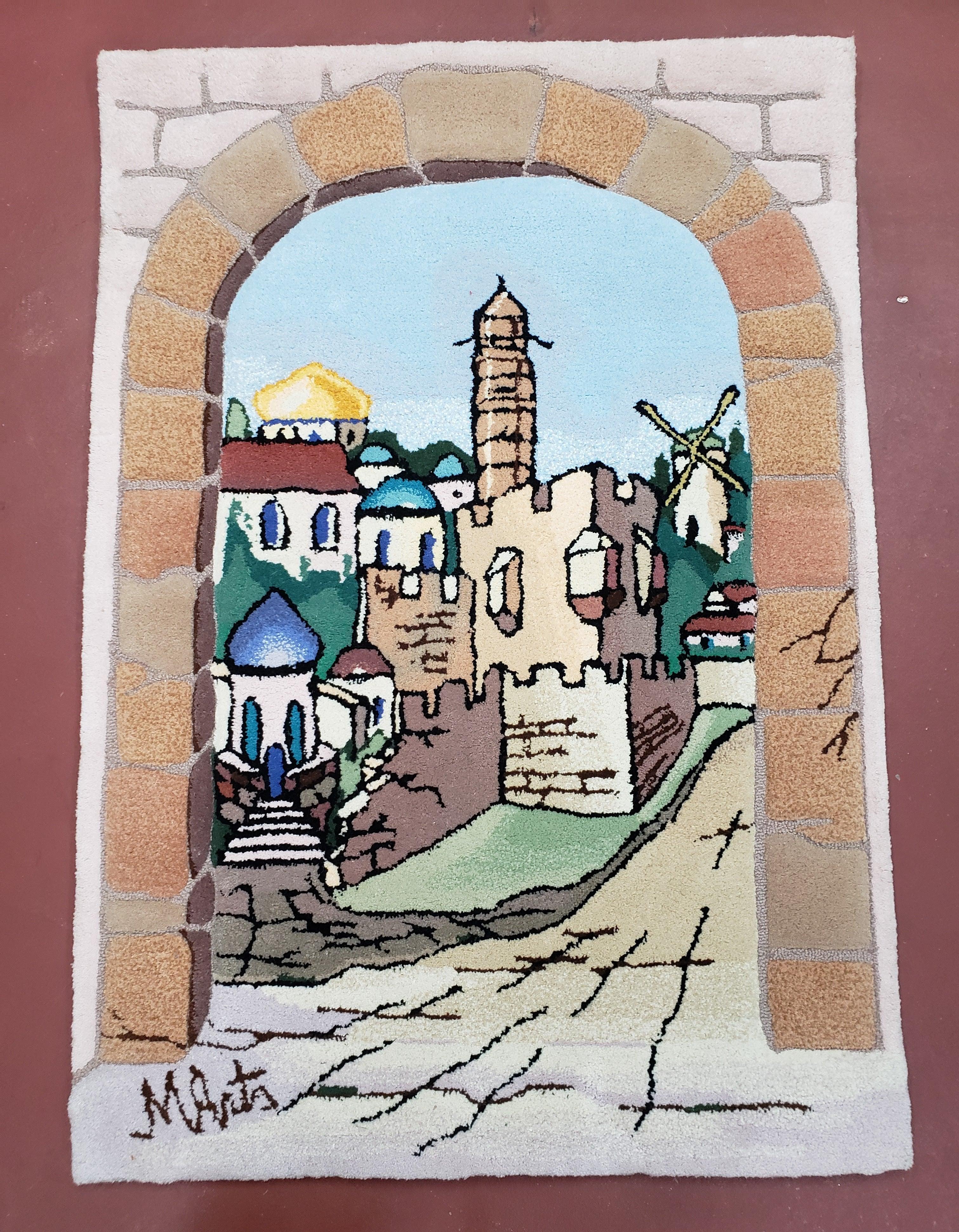 Small Judaica Rug, Rug with Jerusalem Pictorial, Chanuka Gift, Hand-Tufted, Jerusalem Gate, Vintage Judaica, Western Wall Rug, 3x4 Rug