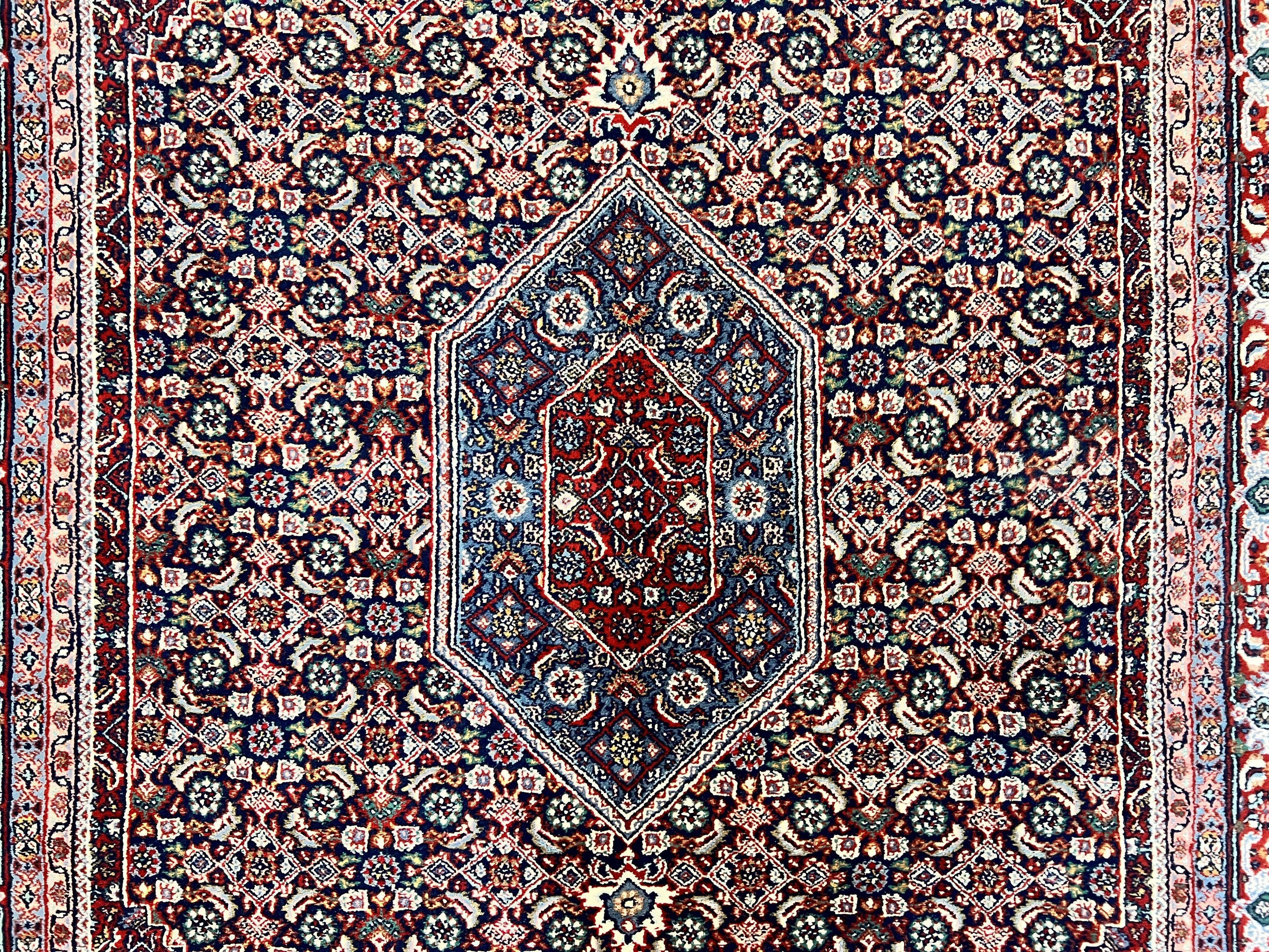 Indo Persian Rug 7x10, Dark Blue and Red Hand Knotted Wool Vintage Oriental Carpet 7 x 10 ft, Handmade Bidjar Rug, Herati Pattern Indian Rug