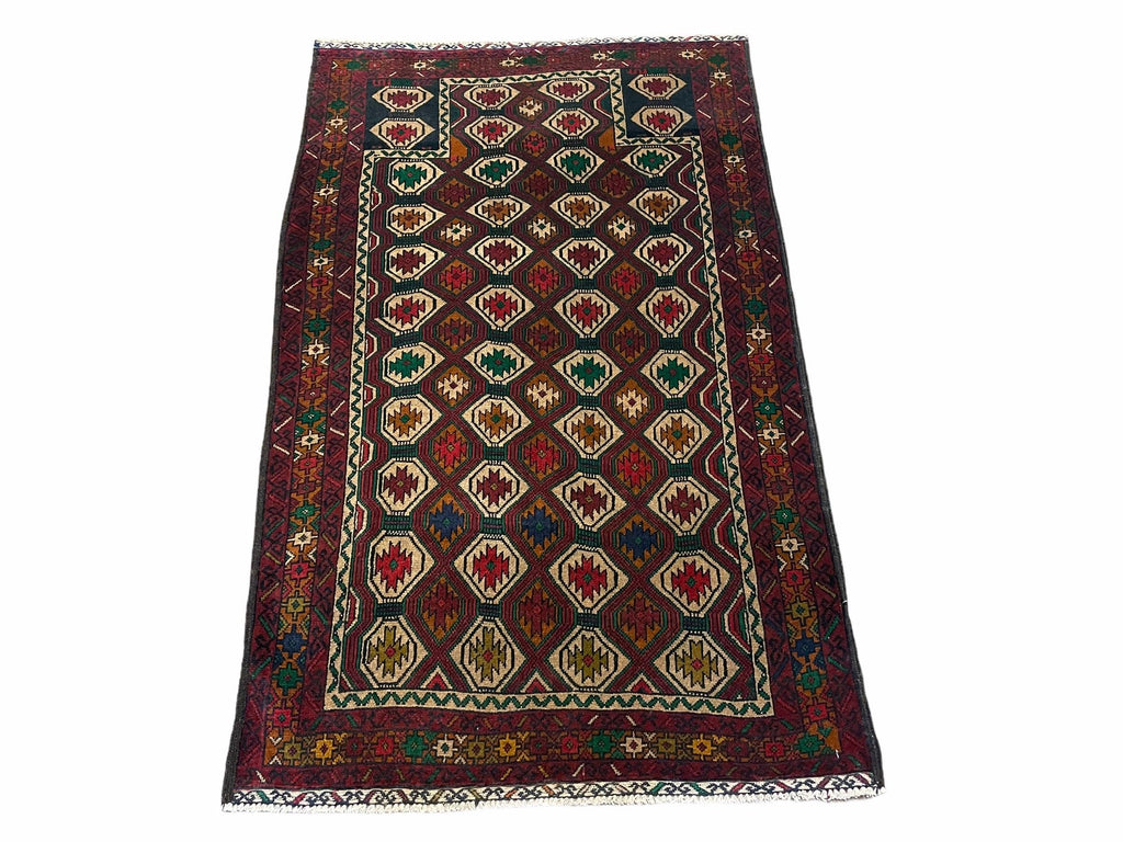 3x5 Vintage Handmade Wool Rug Tribal Turkoman Balouch Prayer Rug Organic Dyes