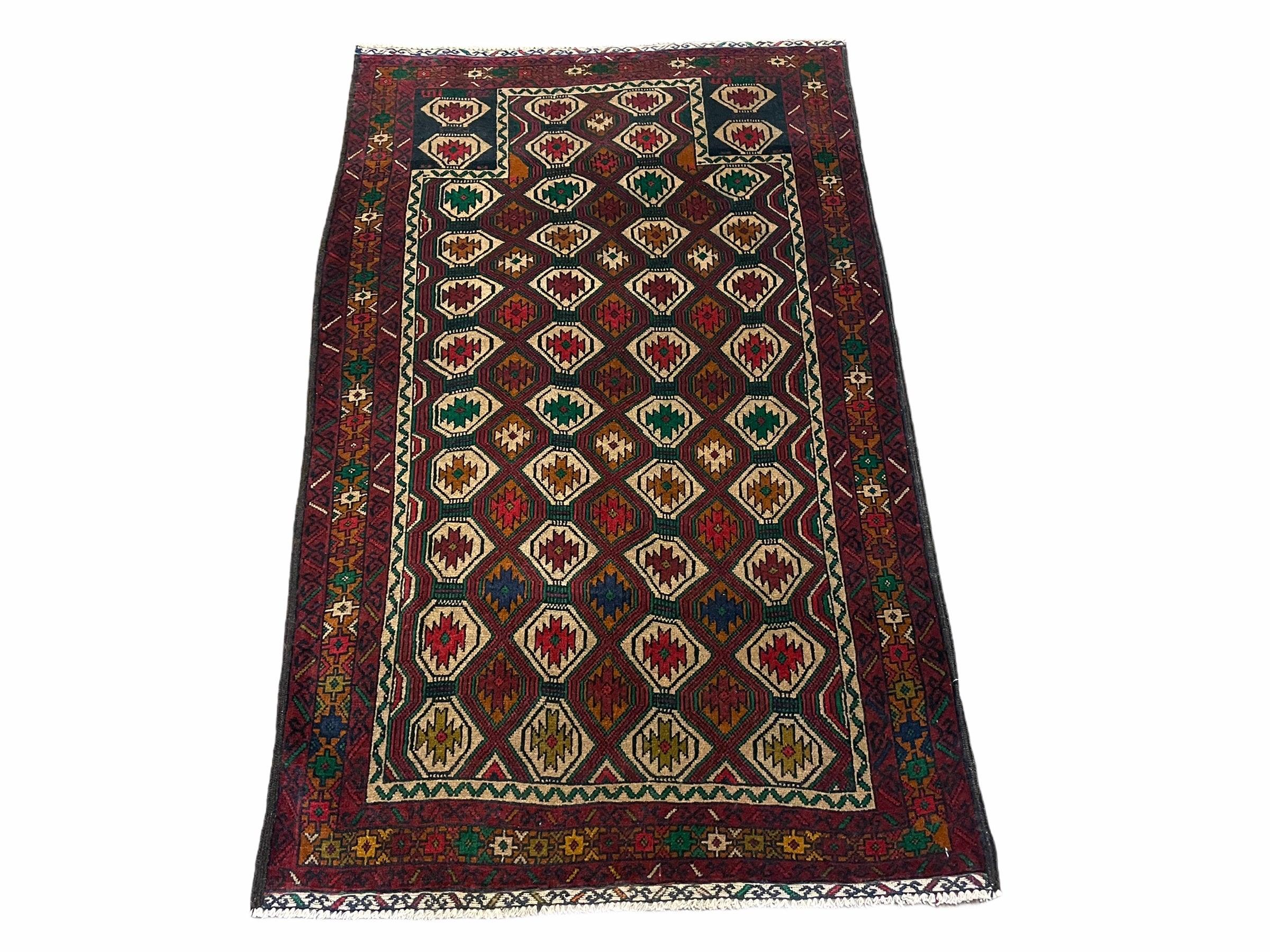 3x5 Vintage Handmade Wool Rug Tribal Turkoman Balouch Prayer Rug Organic Dyes