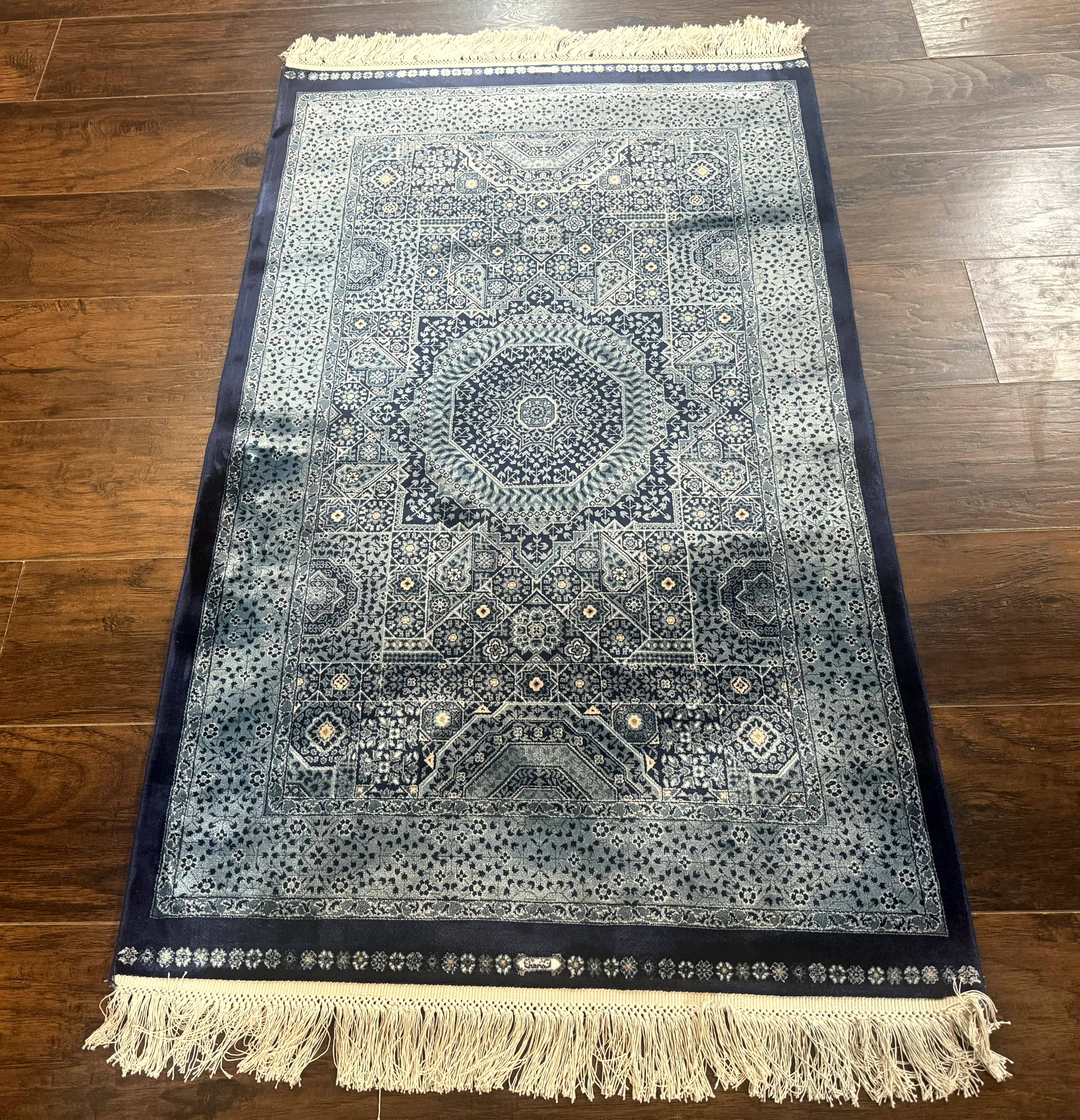 Blue Turkish Silk Hereke Rug 2.6 x 4, Mamluk Red, Blue, Bamboo Silk