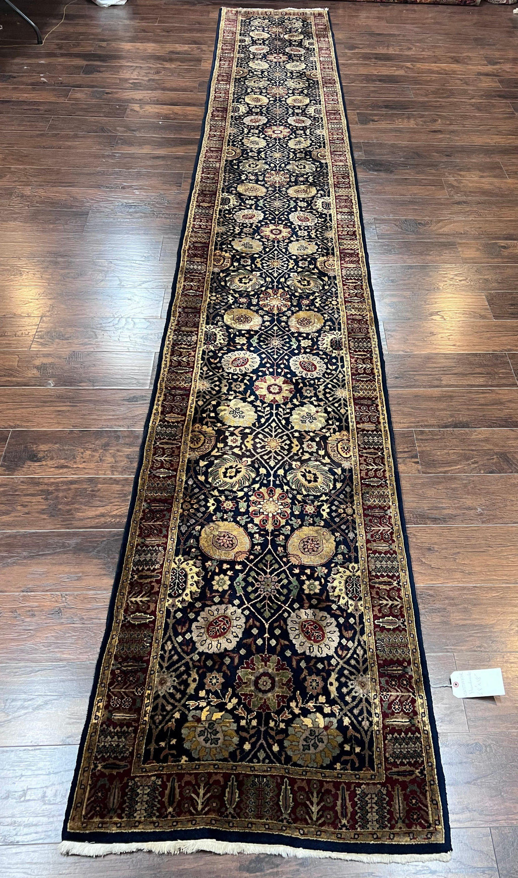 Indo Persian Runner 2.8 x 18, Long Skinny Hallway Wool Runner Rug, Hand Knotted Vintage Floral Allover Traditional Runner Dark Blue Burgundy