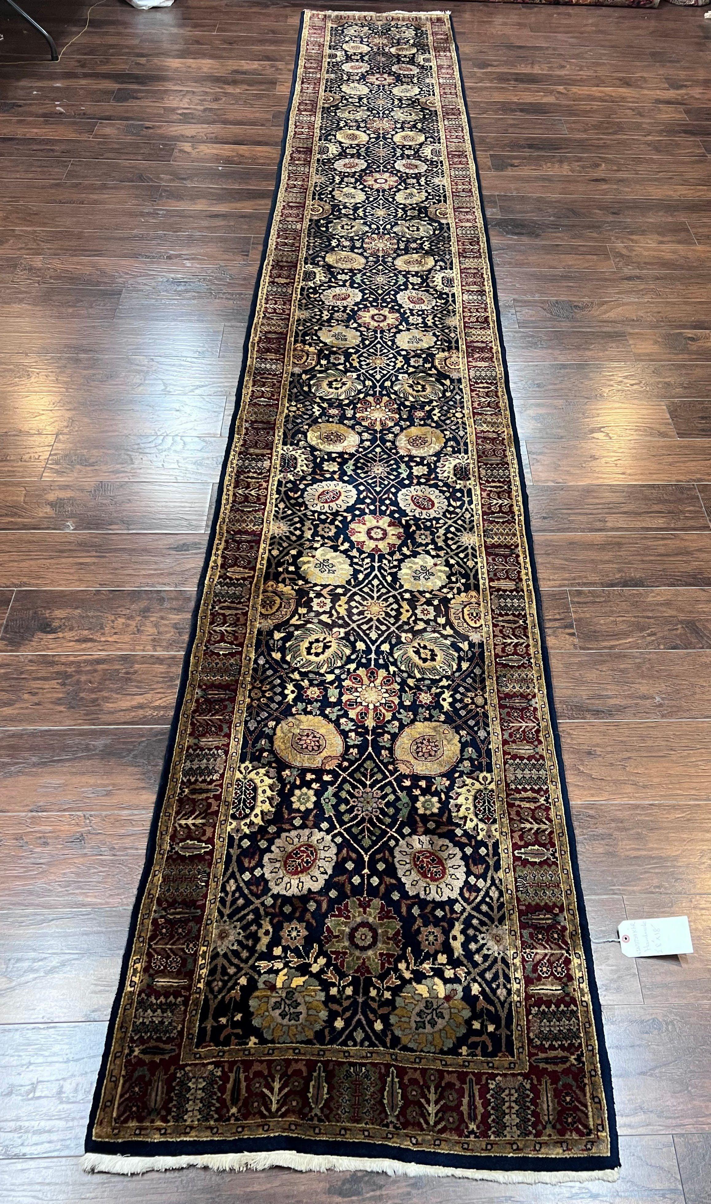 Indo Persian Runner 2.8 x 18, Long Skinny Hallway Wool Runner Rug, Hand Knotted Vintage Floral Allover Traditional Runner Dark Blue Burgundy