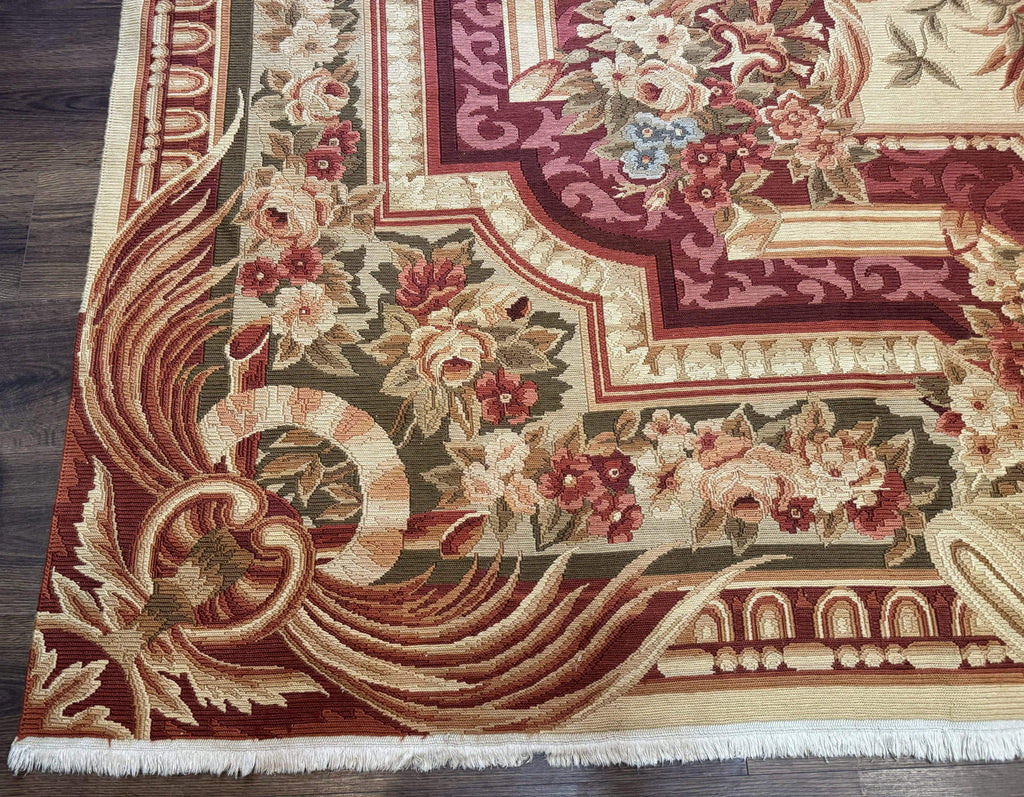 Large Aubusson Rug 10x13, Thick Flatweave Carpet, Elegant European Design, Cream and Raspberry