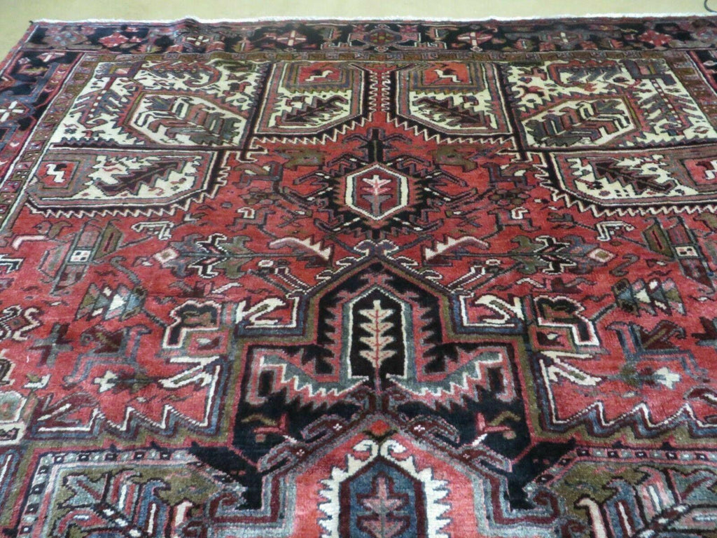 Persian Heriz Rug 8x12 Semi Antique Heriz Carpet, Room Sized Persian Carpet, Geometric Medallion, Wool, Hand Knotted, Red Ivory Dark Blue
