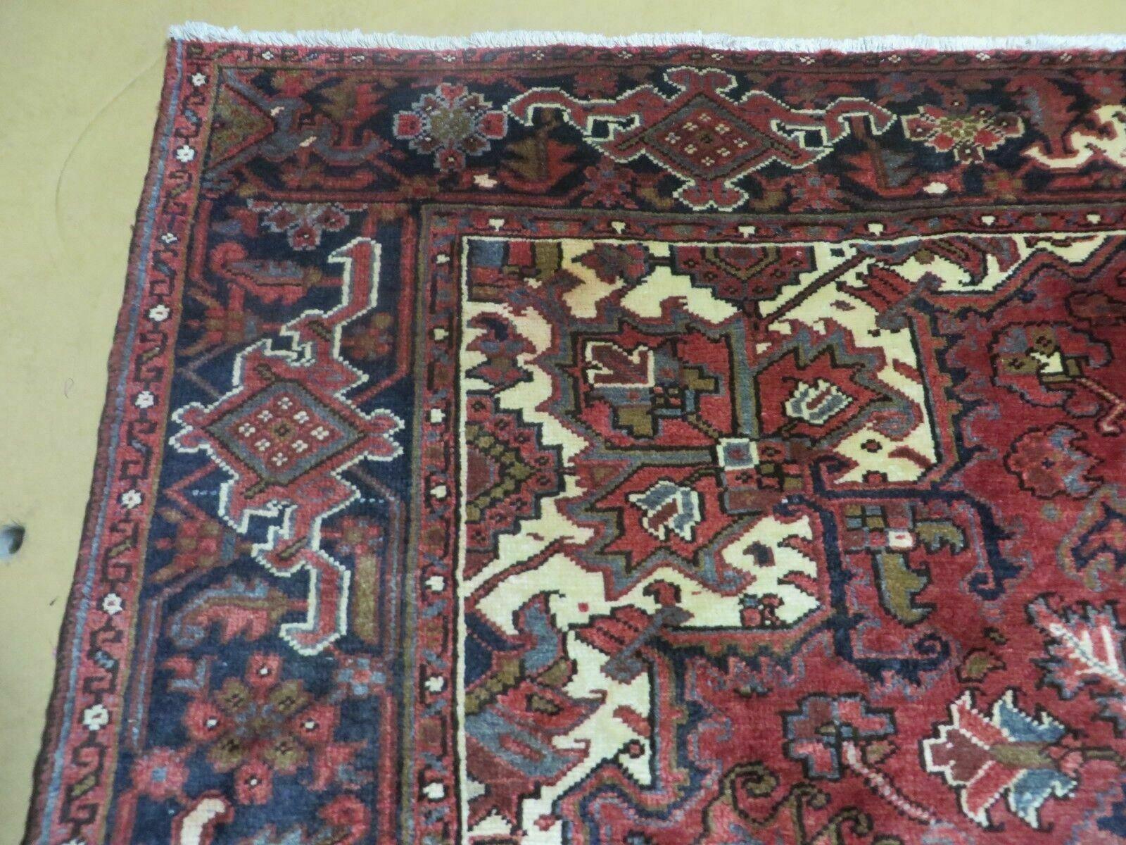 Persian Rug 8x11 Room Sized Heriz Carpet, Hand Knotted Wool Rug, Vintage Semi Antique, Geometric Medallion, Wine Red Cream Dark Blue, Wow