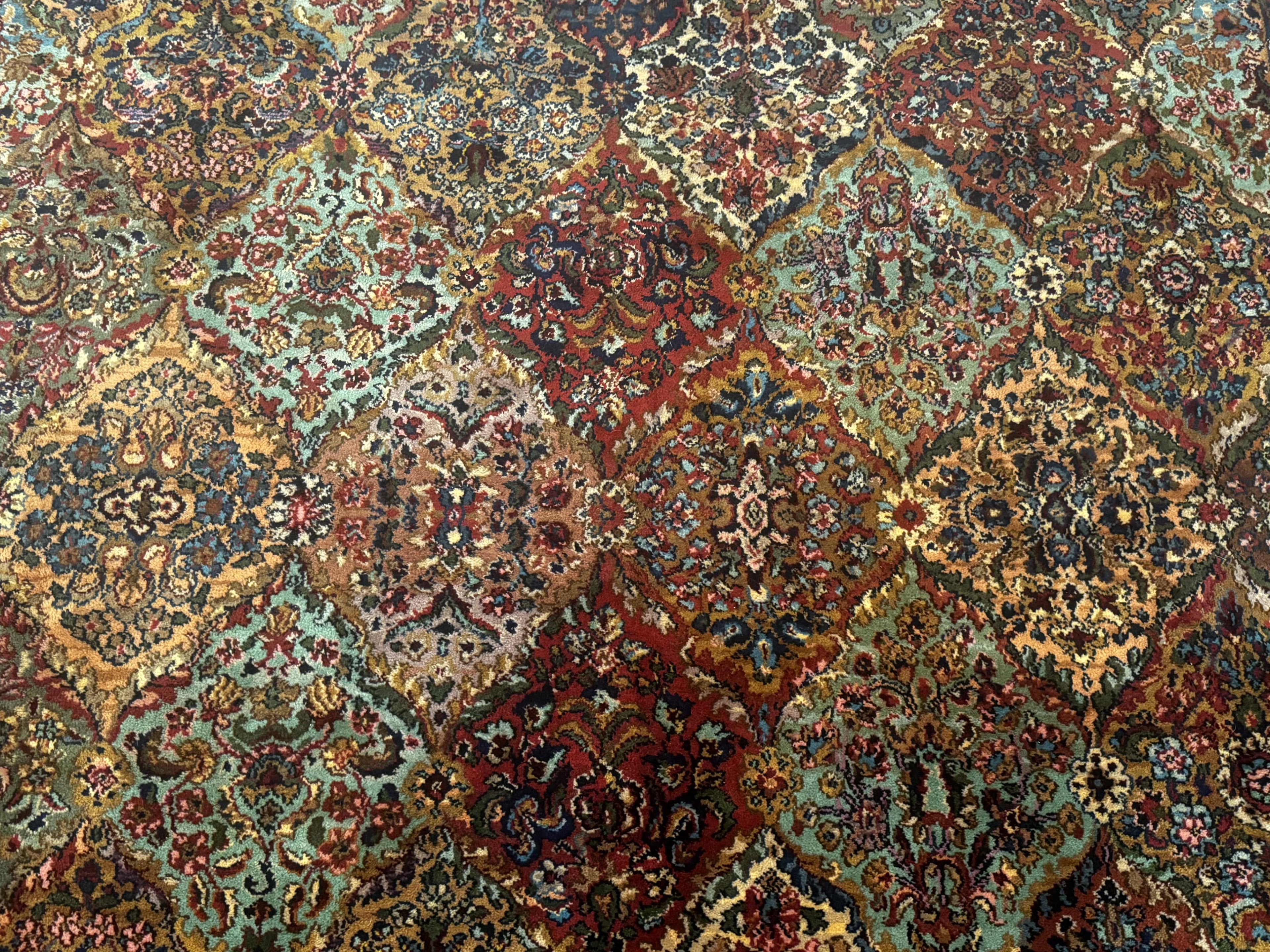 Square Karastan Multicolor Panel Kirman Rug #717, Rare Size 8.8 x 8.8, Original 700 Series, Wool