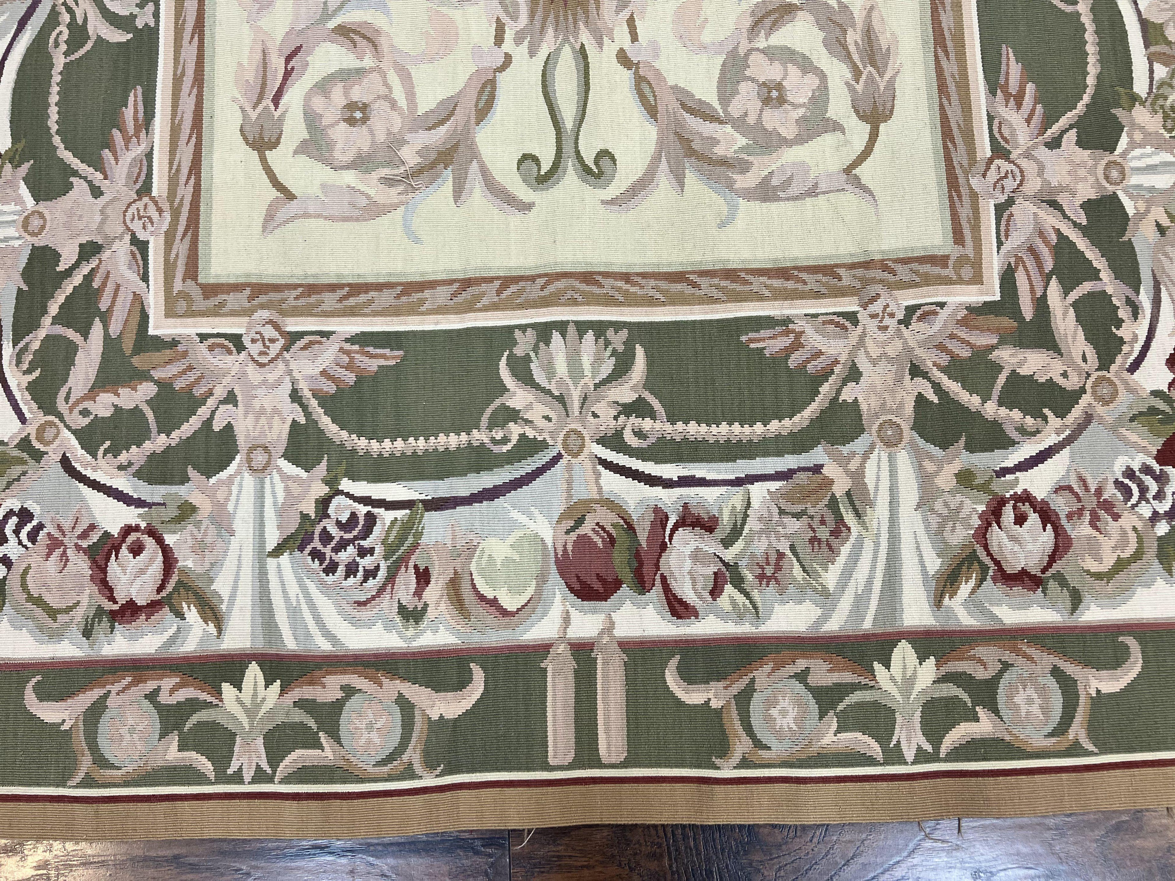 Aubusson Rug 5x8, Wool Handmade Vintage Carpet, Angel Motifs, Flatweave Rug 5 x 8, Medium Sized, European Design