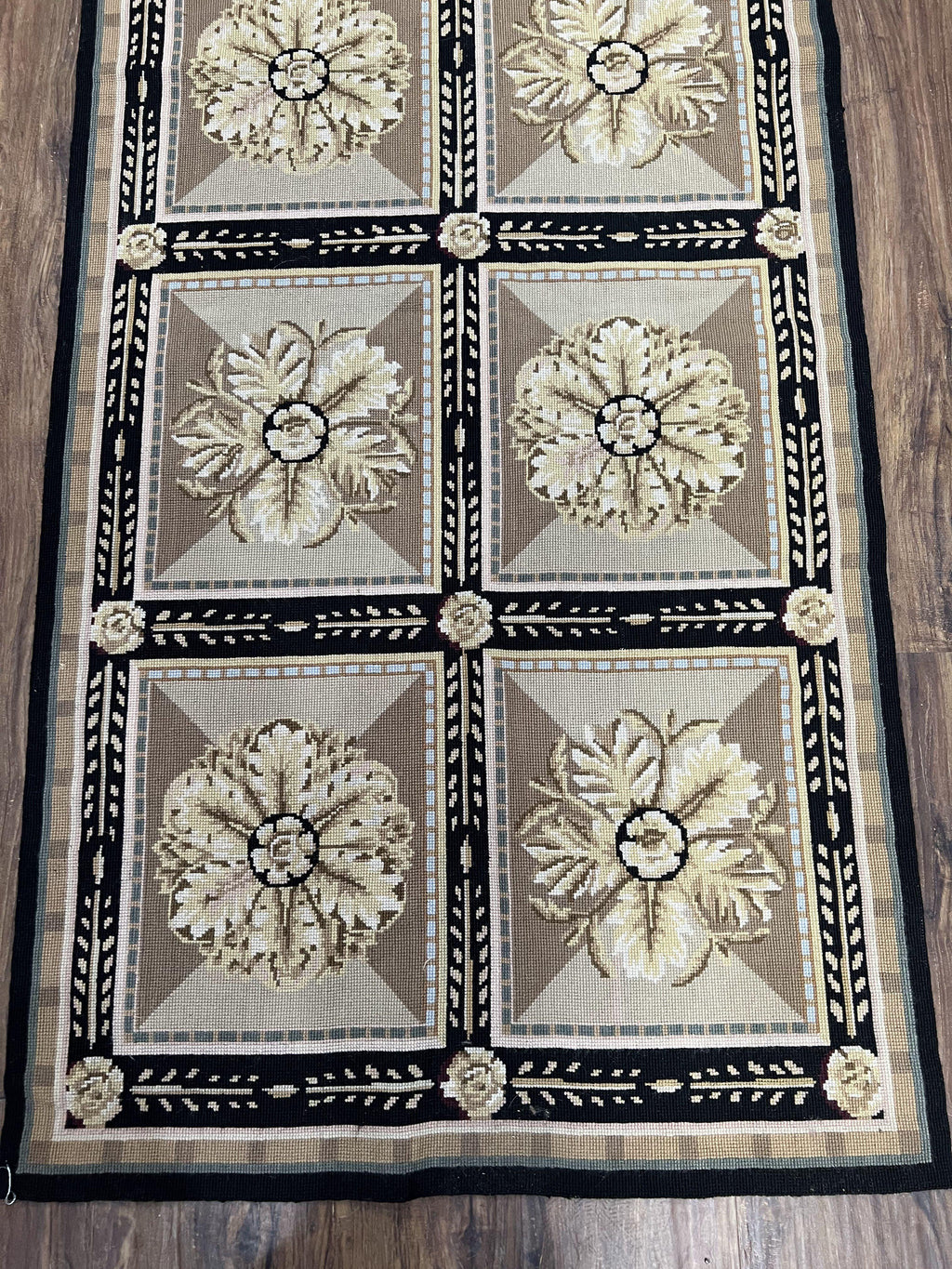 Needlepoint Runner Rug 3x8 Panel Design Rug, Flatweave Runner Rug, English Design, Floral, Short Runner Rug, Black and Beige Wool Hand-Woven