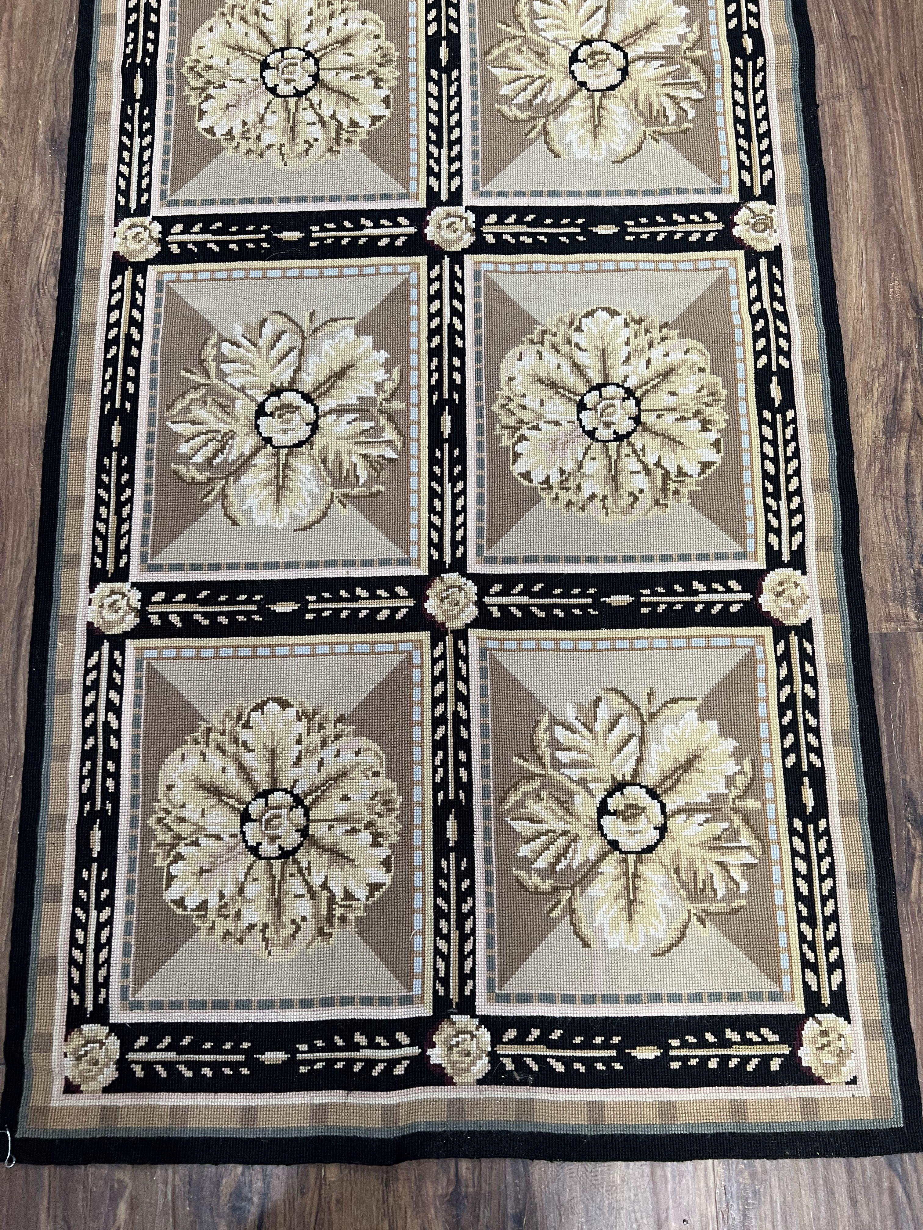 Needlepoint Runner Rug 3x8 Panel Design Rug, Flatweave Runner Rug, English Design, Floral, Short Runner Rug, Black and Beige Wool Hand-Woven