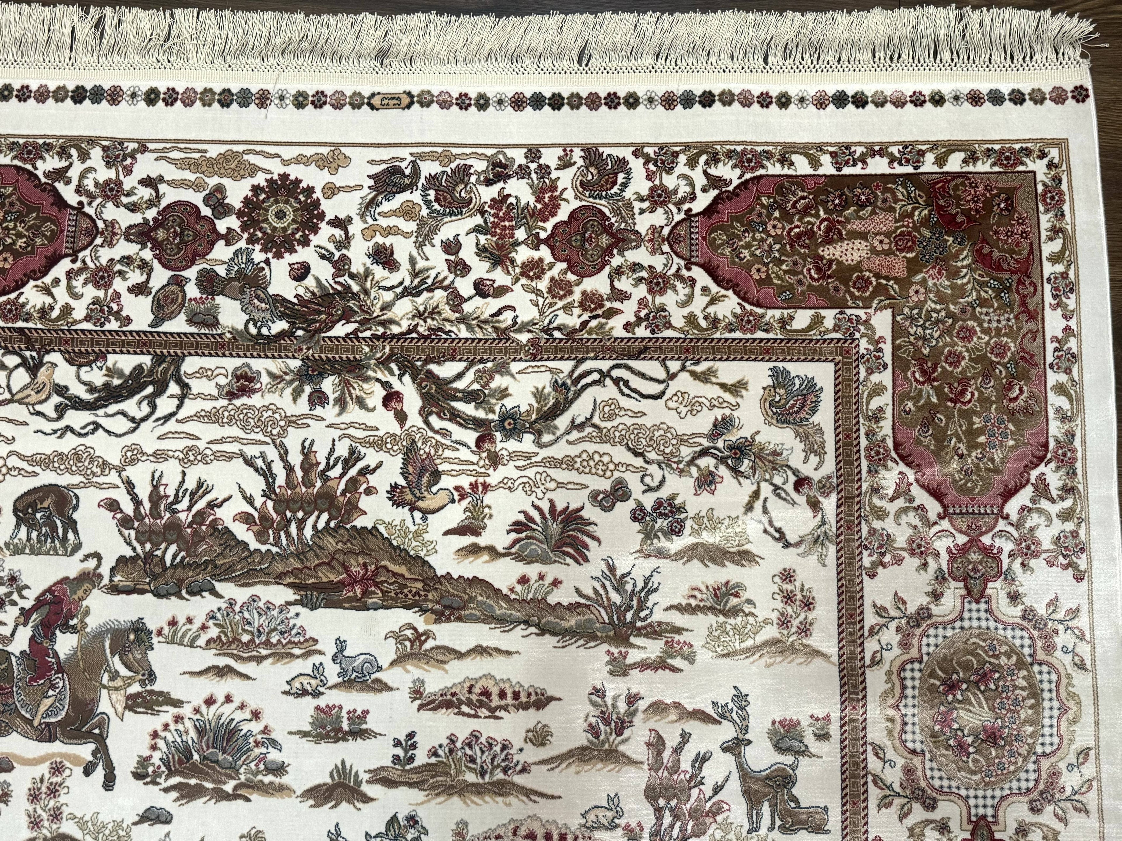 Turkish Silk Rug 5x8, Ivory, Hunting Design, Animal Pictorials, Bamboo Silk