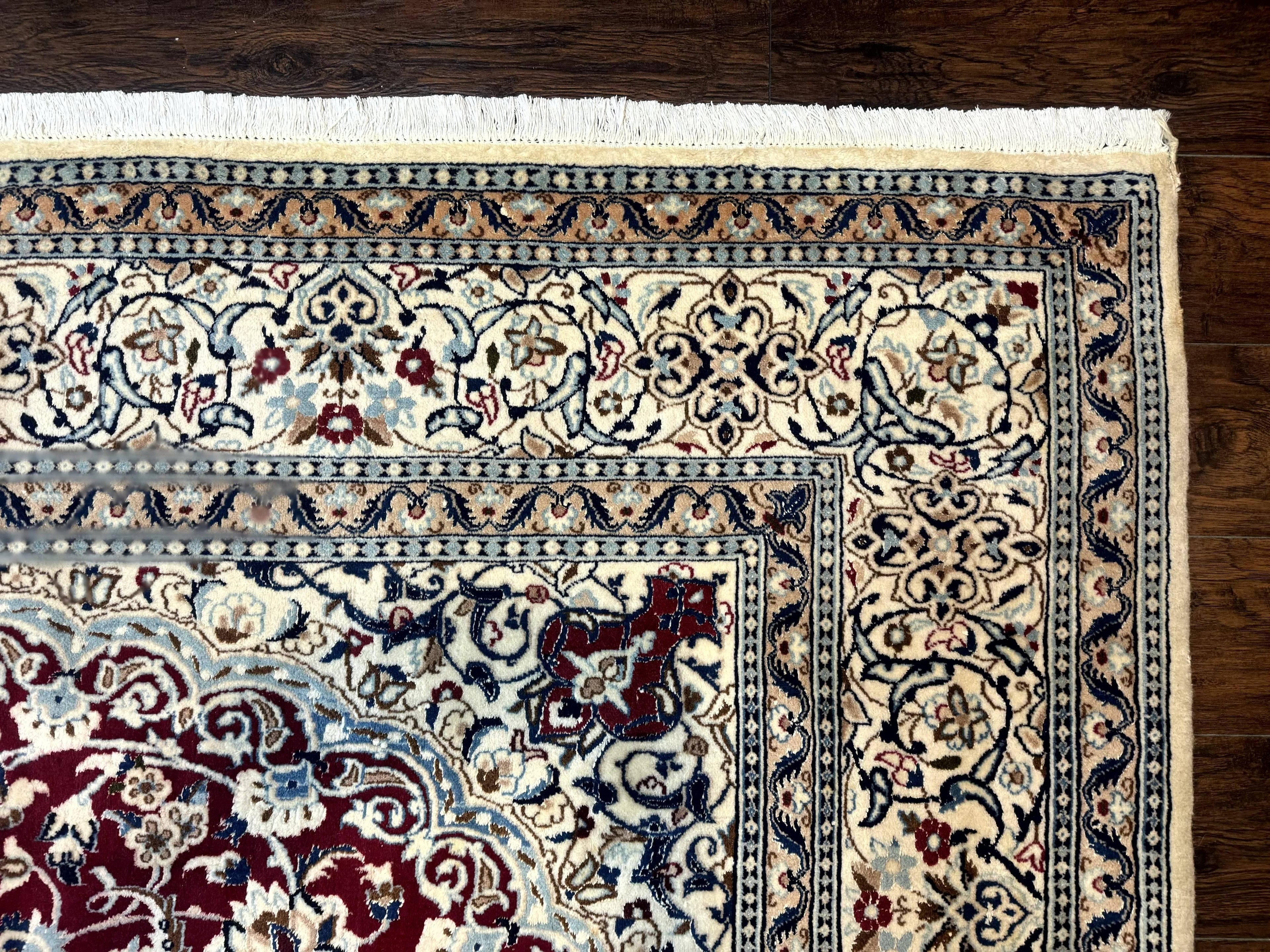 Persian Nain Rug 8x11, Wool and Silk Highlights, Burgundy & Ivory