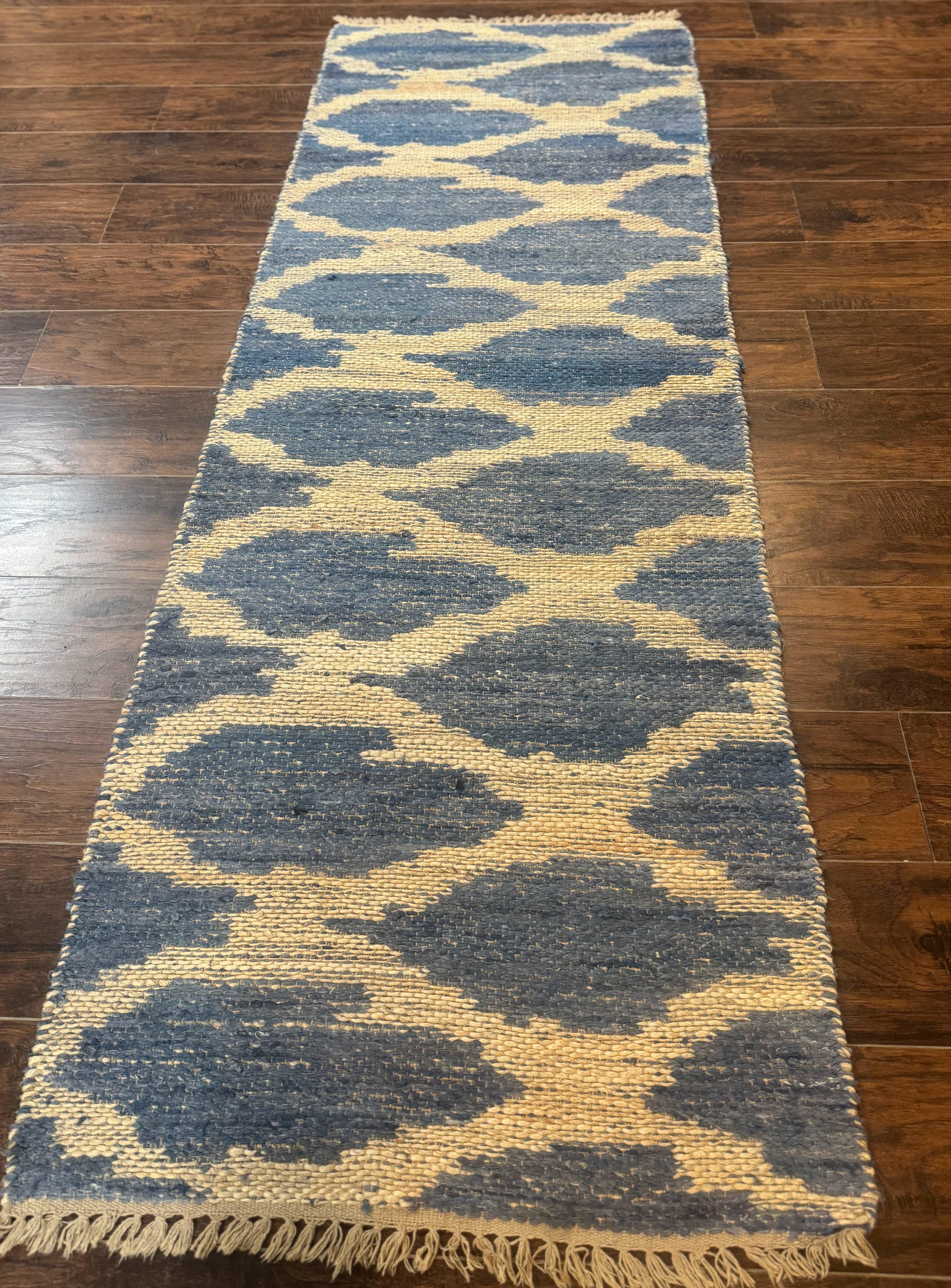 Modern Jute Runner Rug 2.9 x 7.9, Beige and Blue, Handwoven, Kaleen Rug