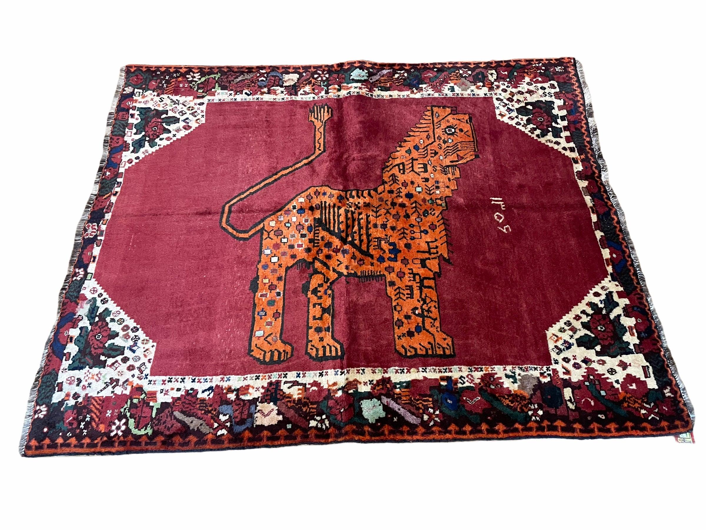 5 X 6 Handmade Rug Zagros Quality Wool Rug Lion Organic Dyes Red Leopard Tribal