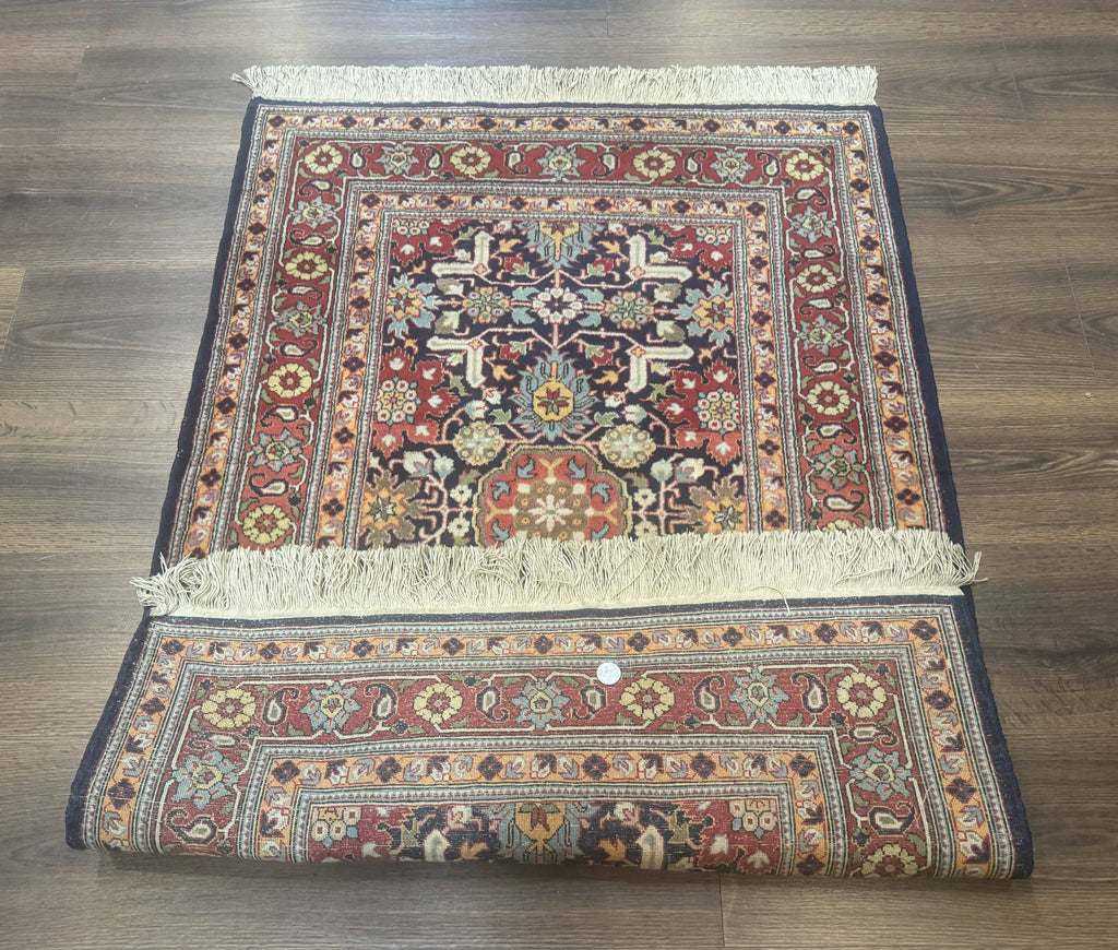 Turkish Hereke Rug 3x5, Navy Blue and Red, Fine 210 KPSI