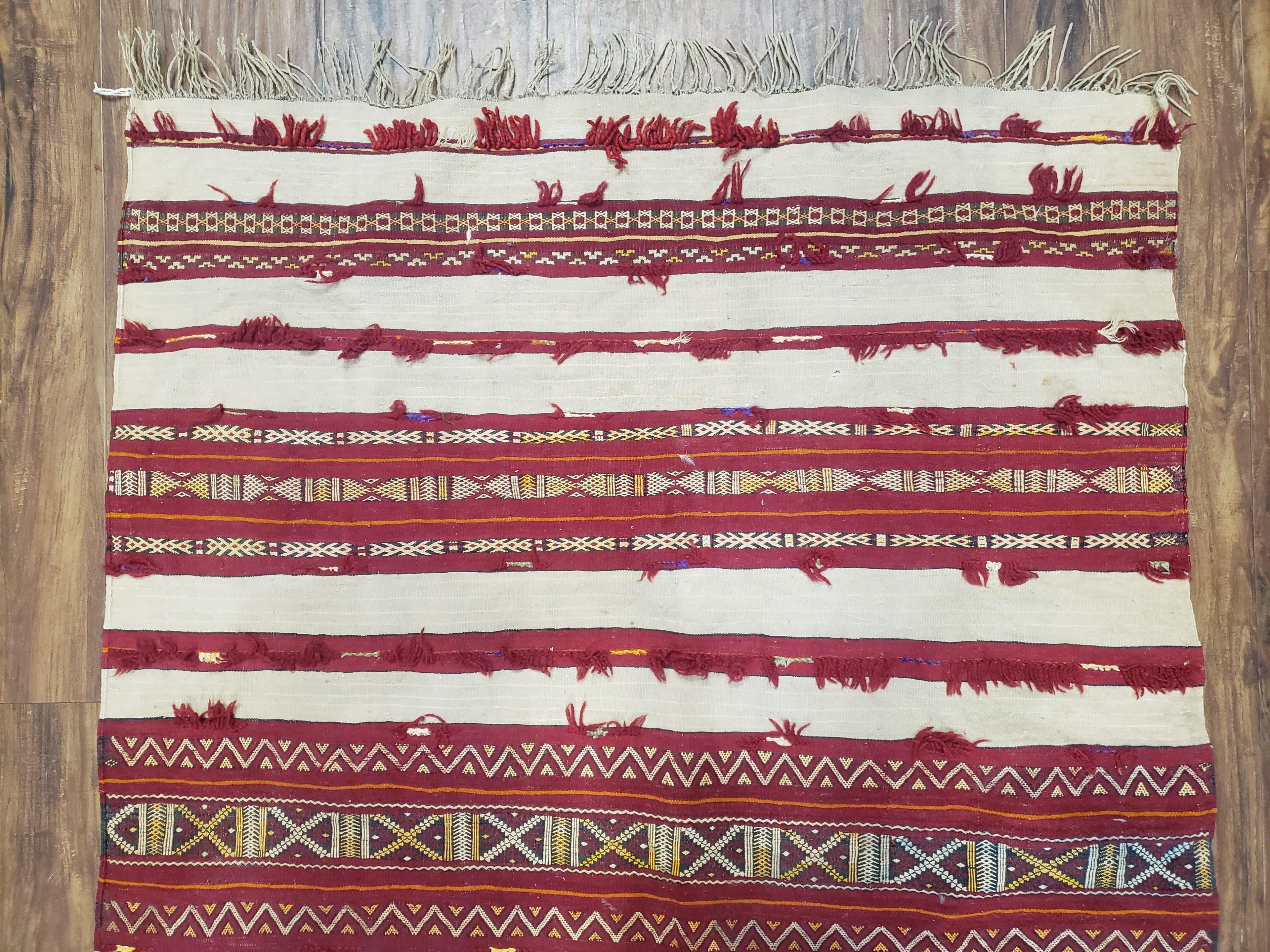 Antique Turkoman Yamud Rug 3x5 ft, 1920s Turkmen Sofreh Table Cover, Bohemian Rug, Tribal Collectible, Striped Rug, Handmade Ivory and Red