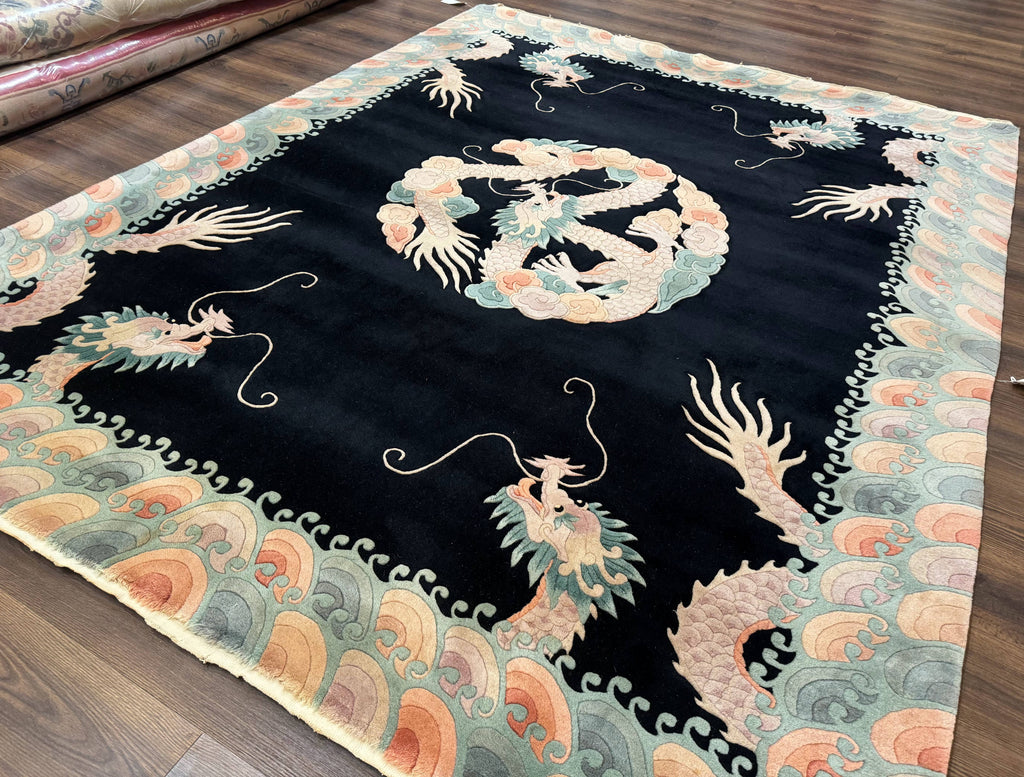 Black Chinese Wool Rug 8x10 with Dragons, Rainbow Borders, Rare