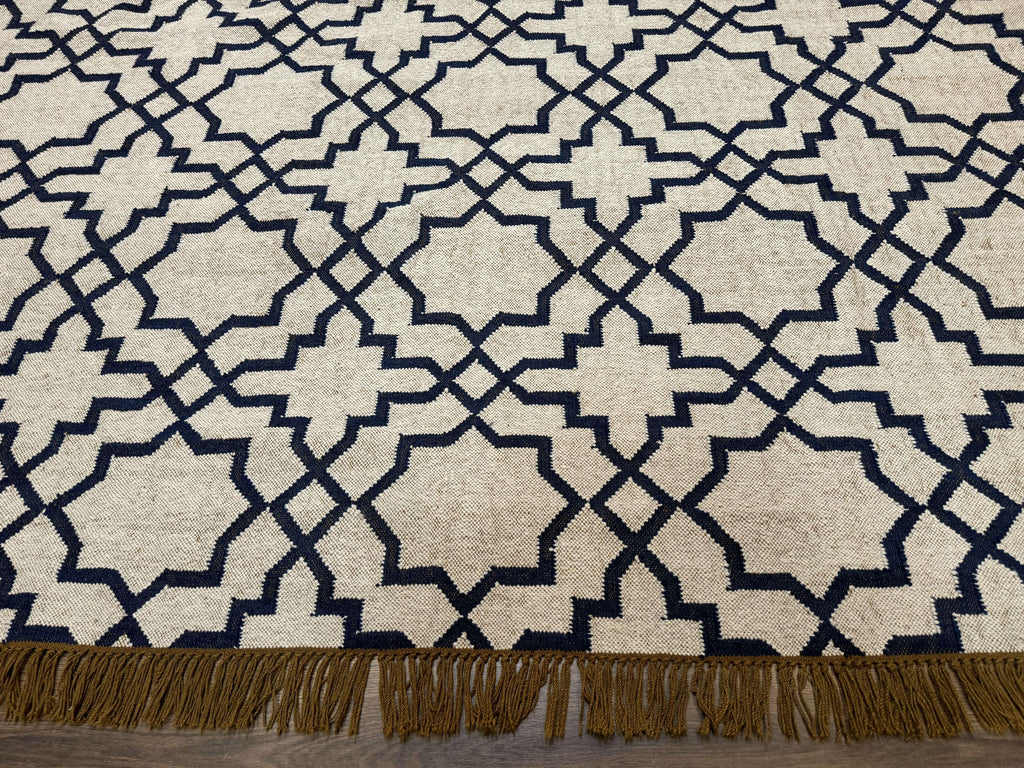 Indian Kilim Rug 8x10, Oat and Navy Blue, Dhurrie Carpet, Handmade, Wool