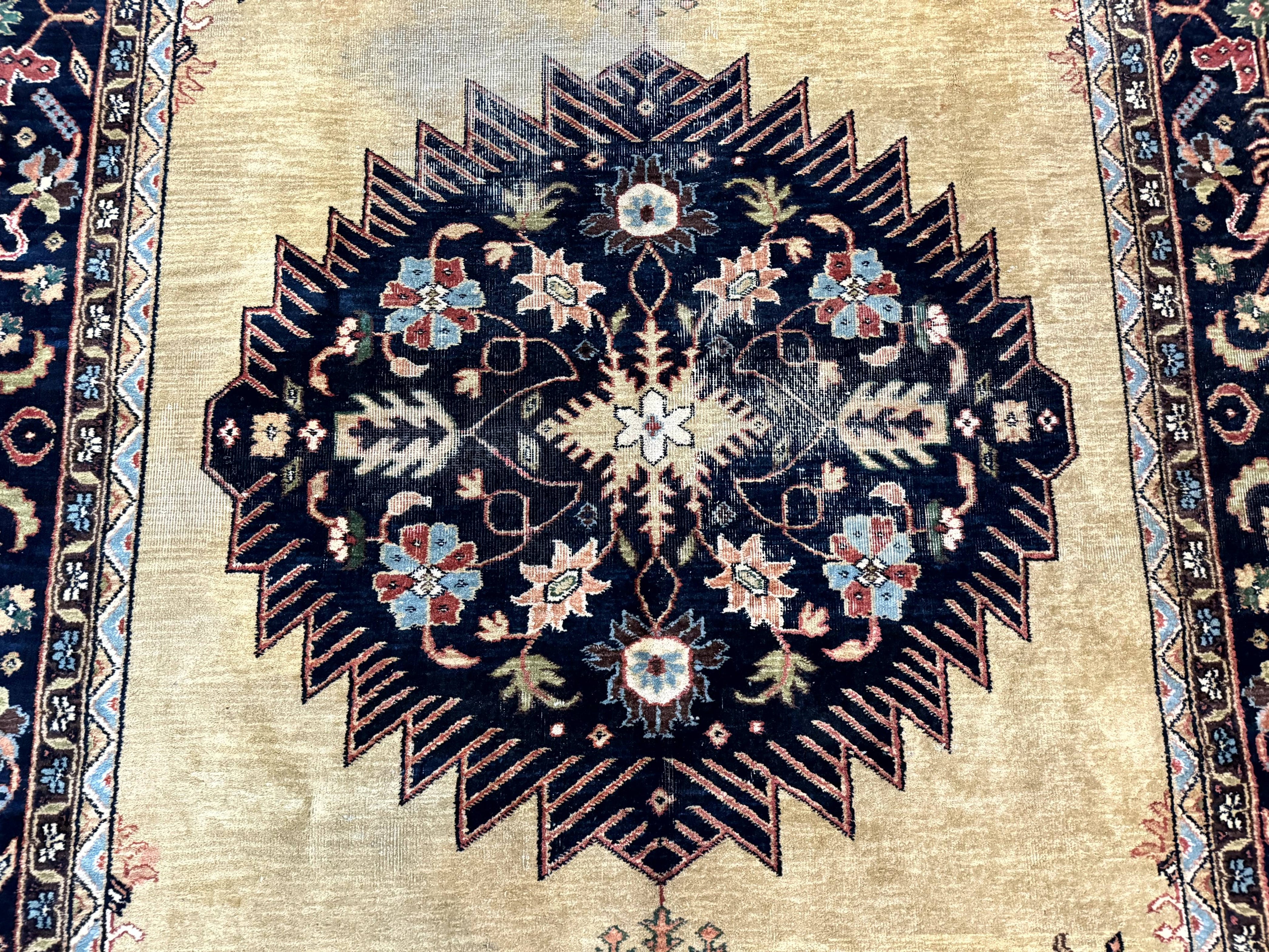 Indo Persian Heriz Rug 8x12, Camel Hair Tan and Navy Blue, Decorative