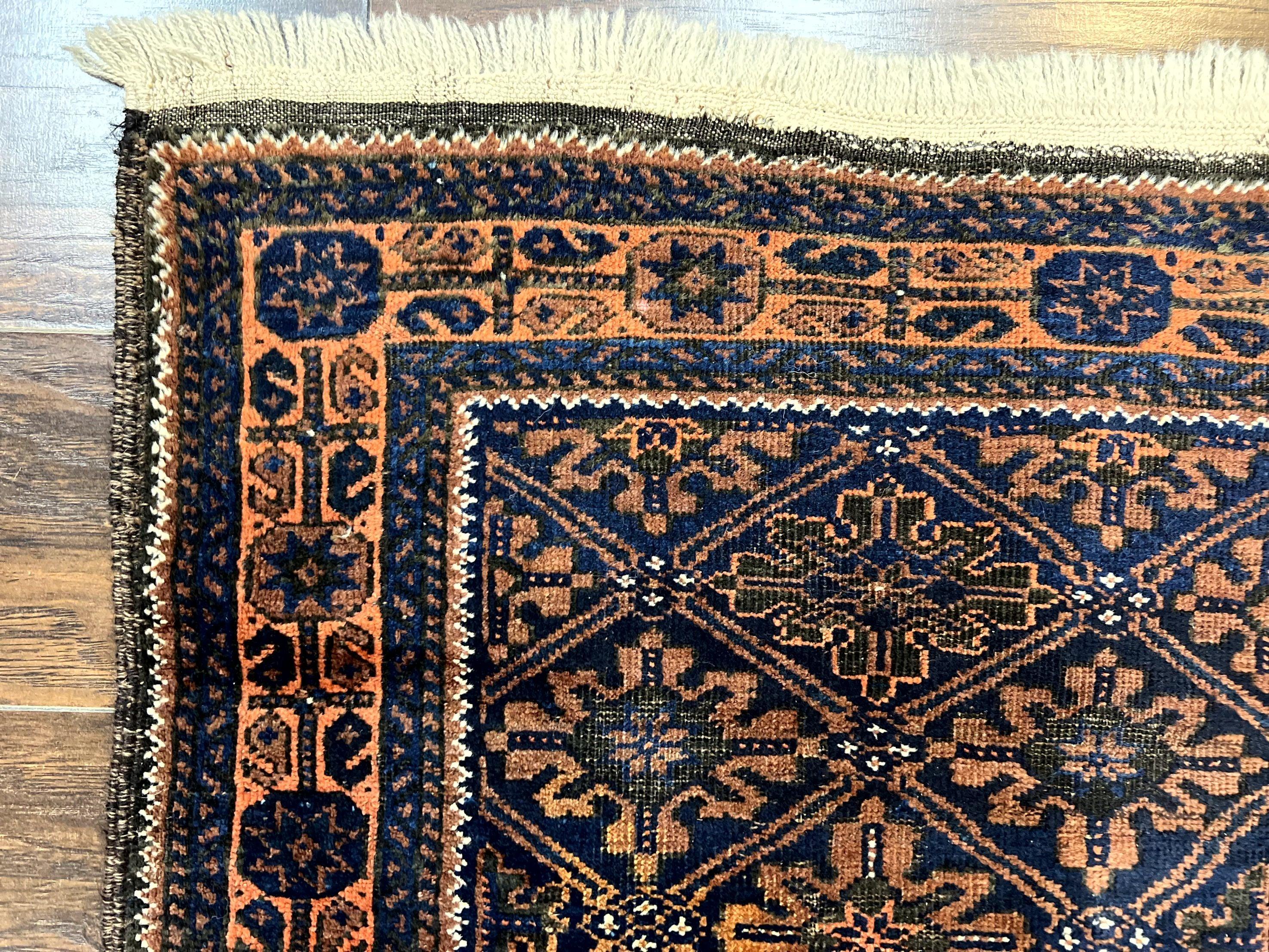 Small Antique Persian Rug 2.7 x 4.7, Handmade Wool Rug, Navy Blue, Balouch Rug, Tribal Rug