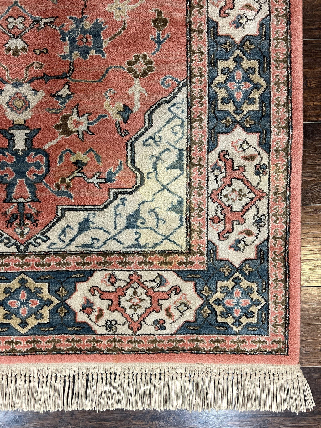 Karastan Rug 4x6 Bergama Design #737, Karastan Area Rug, Vintage Wool Karastan Carpet, Original Collection 700 Series, Salmon Red Light Blue