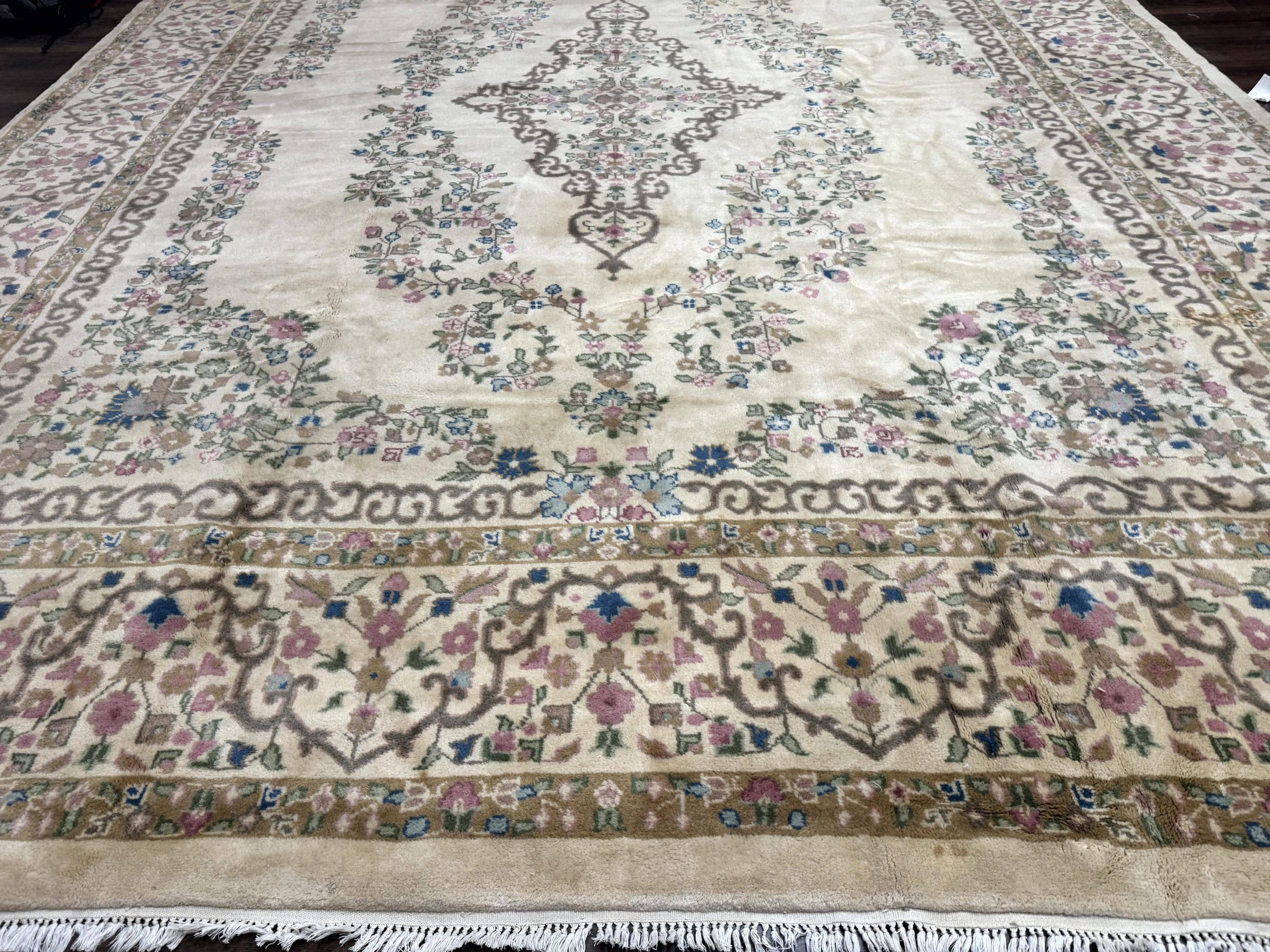 Indo Persian Rug 12x15, Palace Sized Carpet, Oversized Wool Handmade Rug, Kerman Rug, Semi Open Field, Pande Cameron Rug, Beige