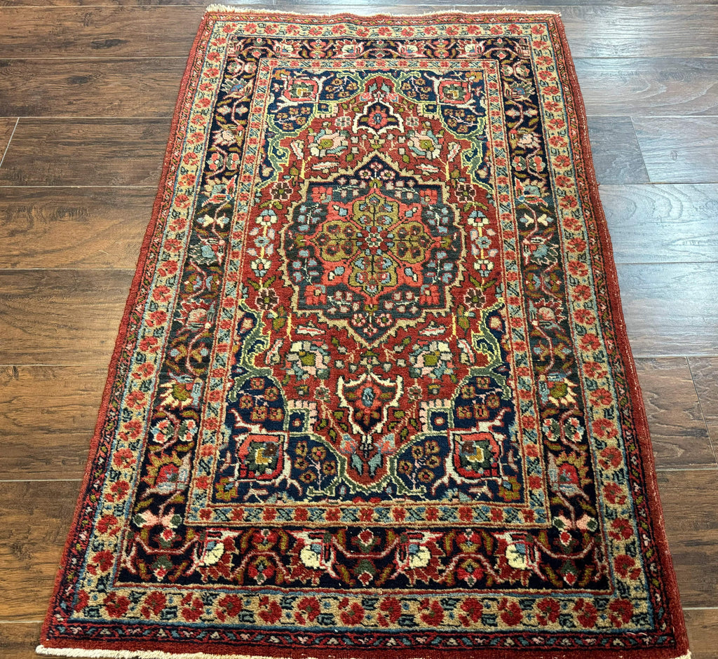 Antique Persian Tabriz Rug 3x5, Brick Red Navy Blue, Floral Medallion, Small Persian Carpet