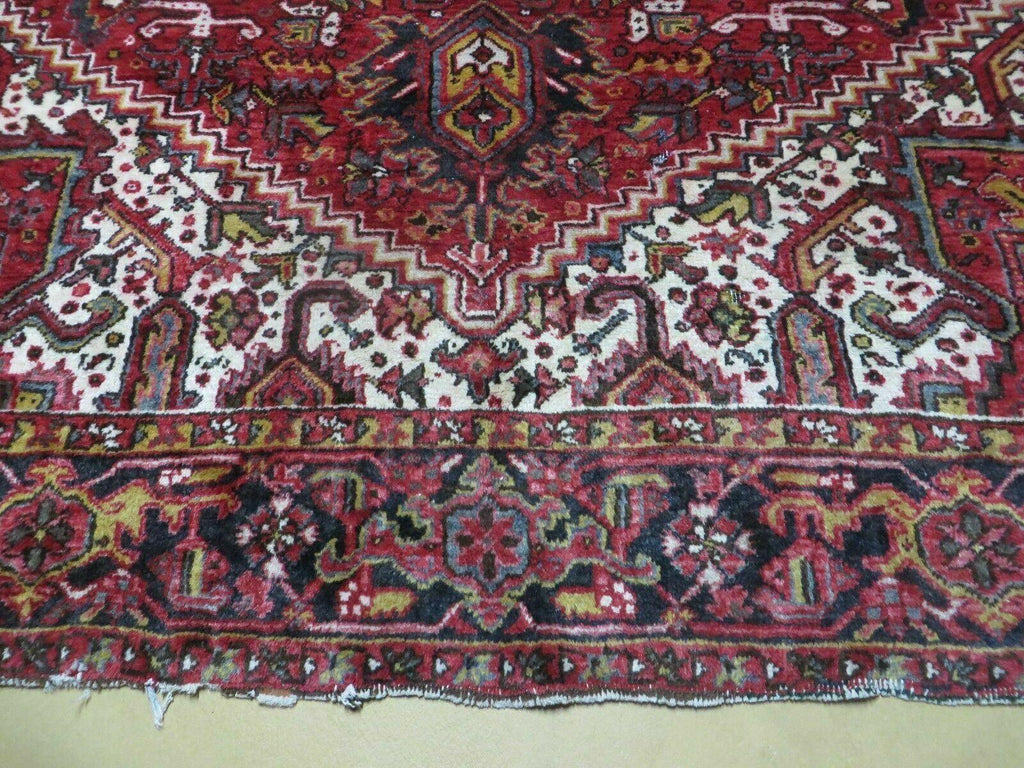 Heriz Rug 9x11, Geometric Persian Carpet Room Sized, Tribal Medallion Rug, Red Ivory Dark Blue Handmade Wool Rug for Living Room Dining Room