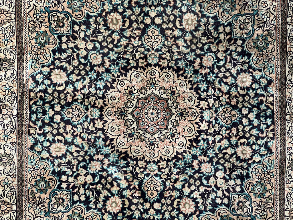 Sino Persian Silk Rug 2x2 ft, Very Fine High KPSI Small Silk Oriental Carpet, Hand-Knotted, Medallion, Vintage Silk Rug, Black Ivory/Cream