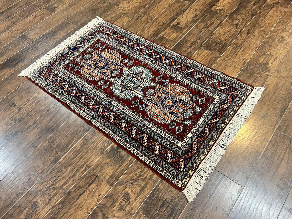 Pakistani Rug 3x5 ft, Caucasian Kazak Design, Geometric Rug, Small Vintage Oriental Carpet, Dark Red Vintage Handmade Wool Rug 3 x 5