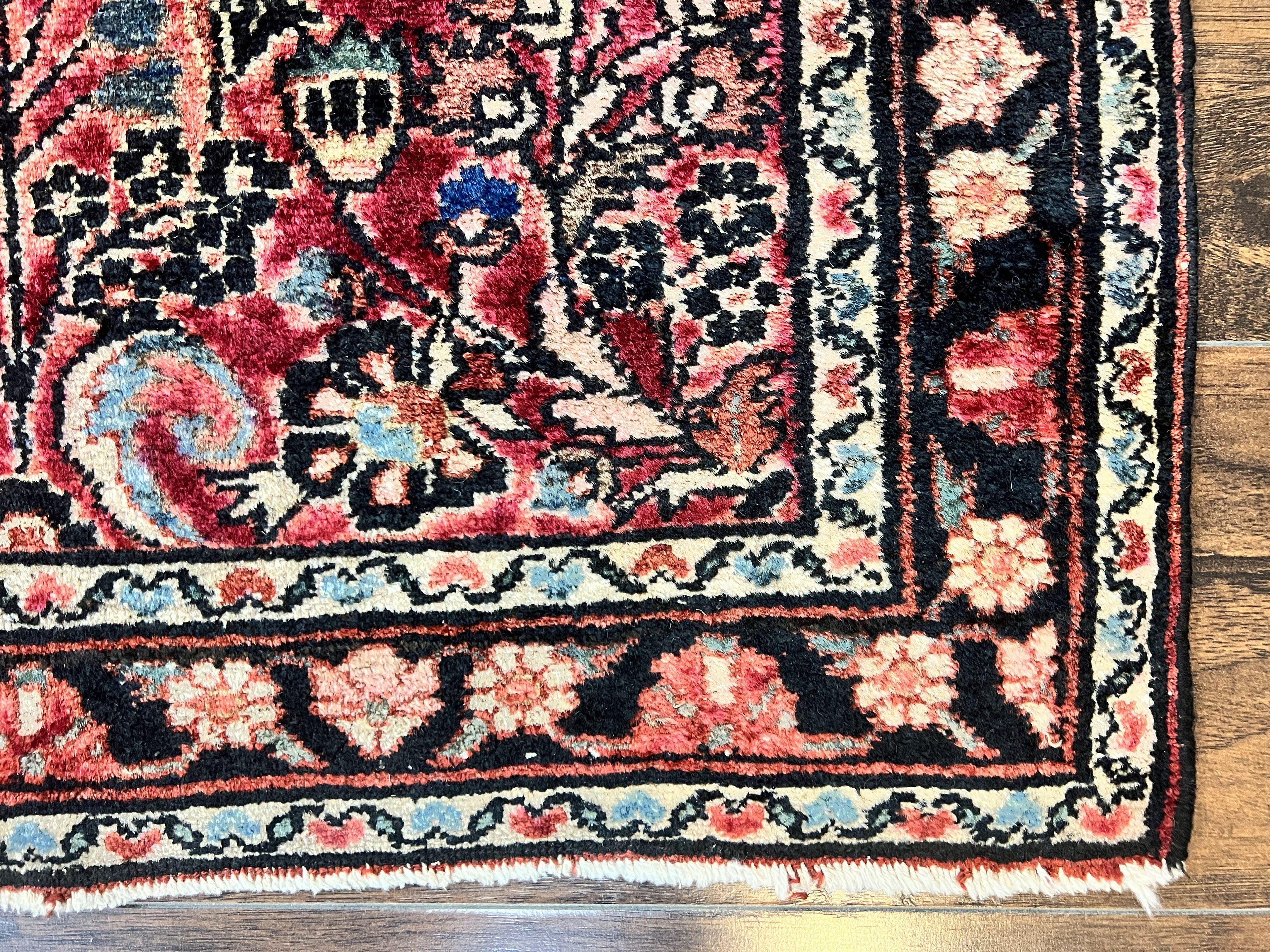 Small Antique Persian Rug 2.6 x 4, Red Floral Handmade 1920s Wool Rug, Persian Hamadan Lilian Rug