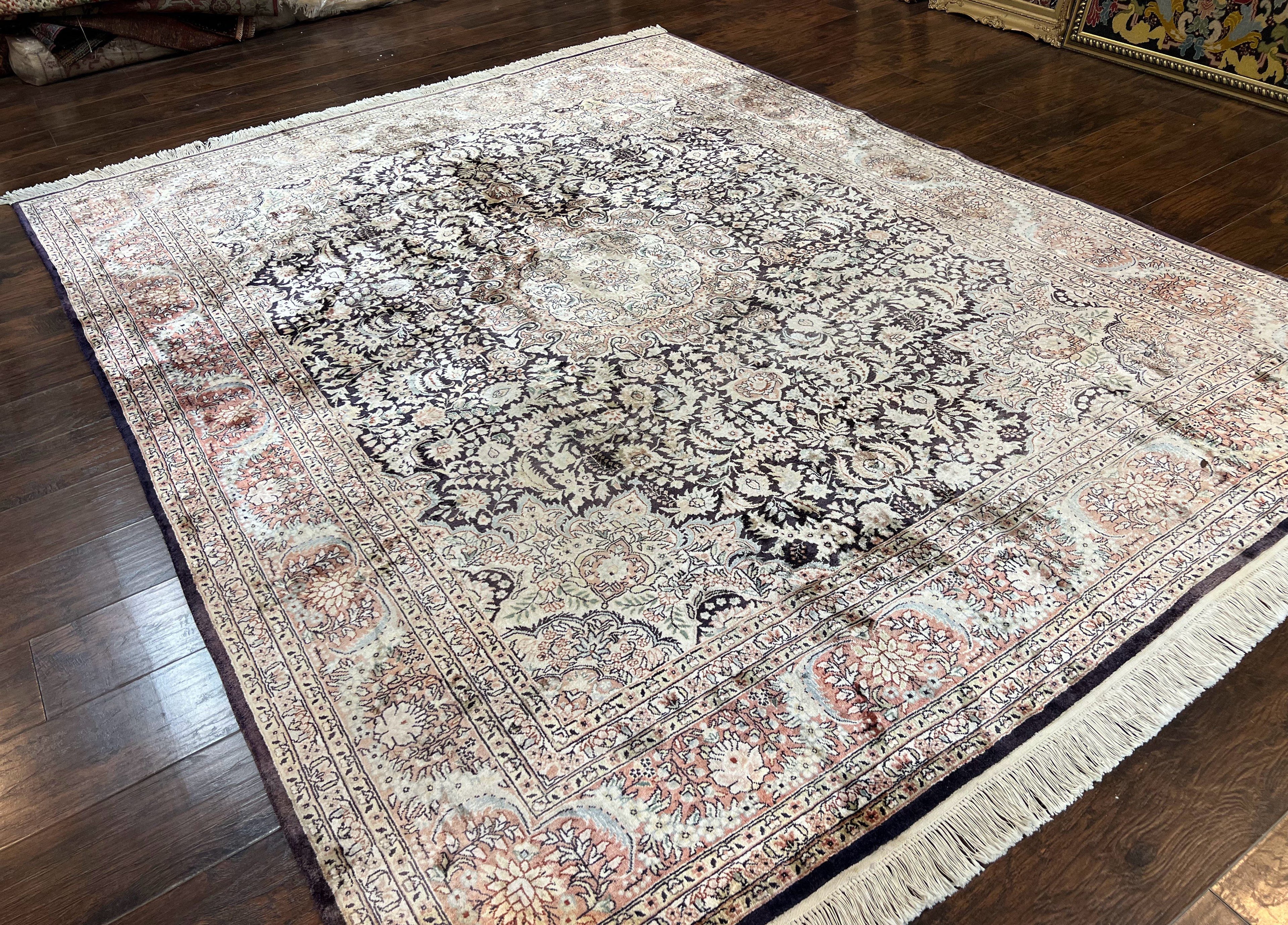 Silk Indian Kashmiri Rug 8x10, Floral Medallion, Indo Persian Carpet, Handmade Vintage Silk Rug