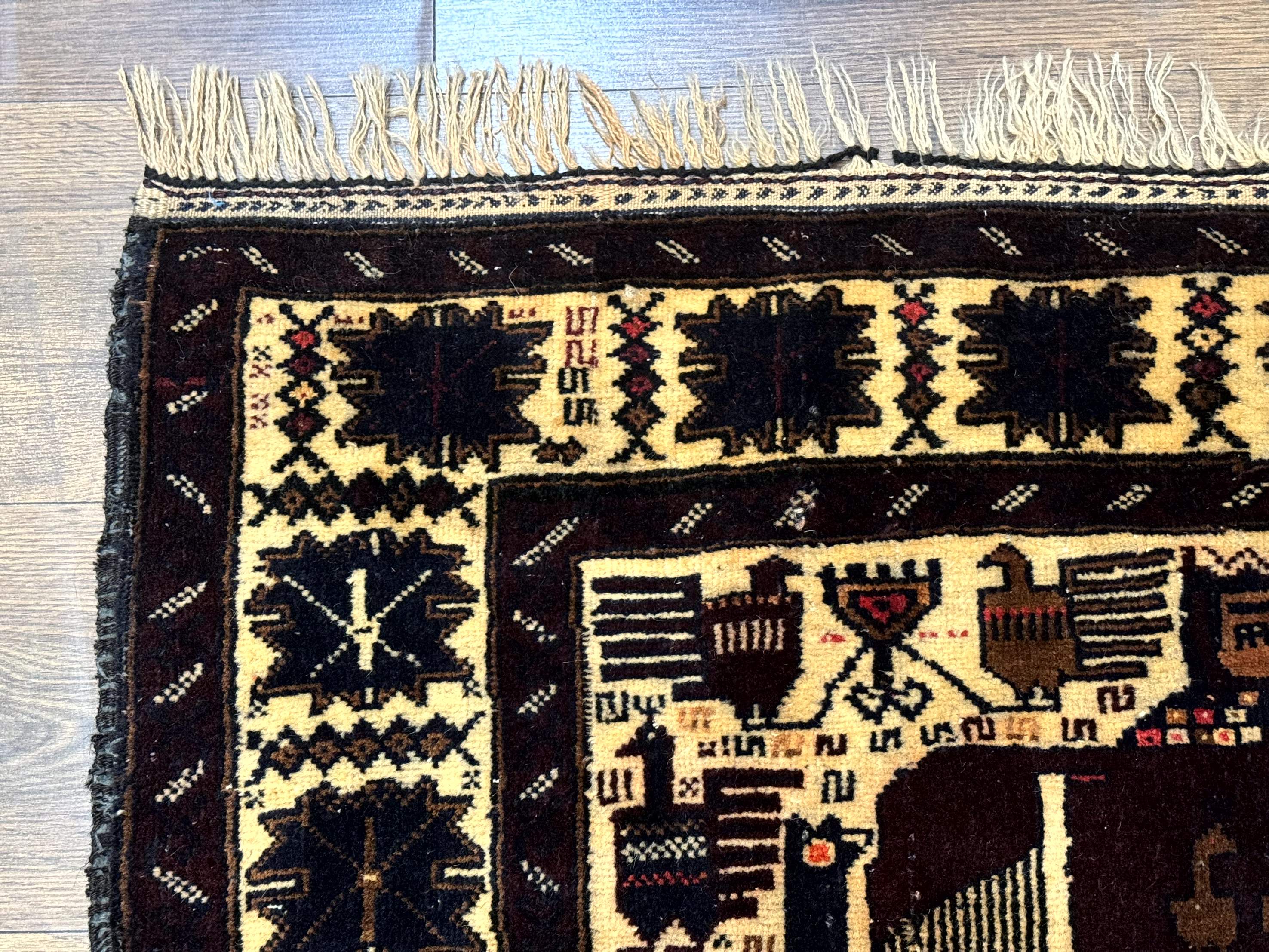 Persian Baluch Tribal Rug 4x6, Human and Bird Pictorials, Vintage, Wool, Collectible