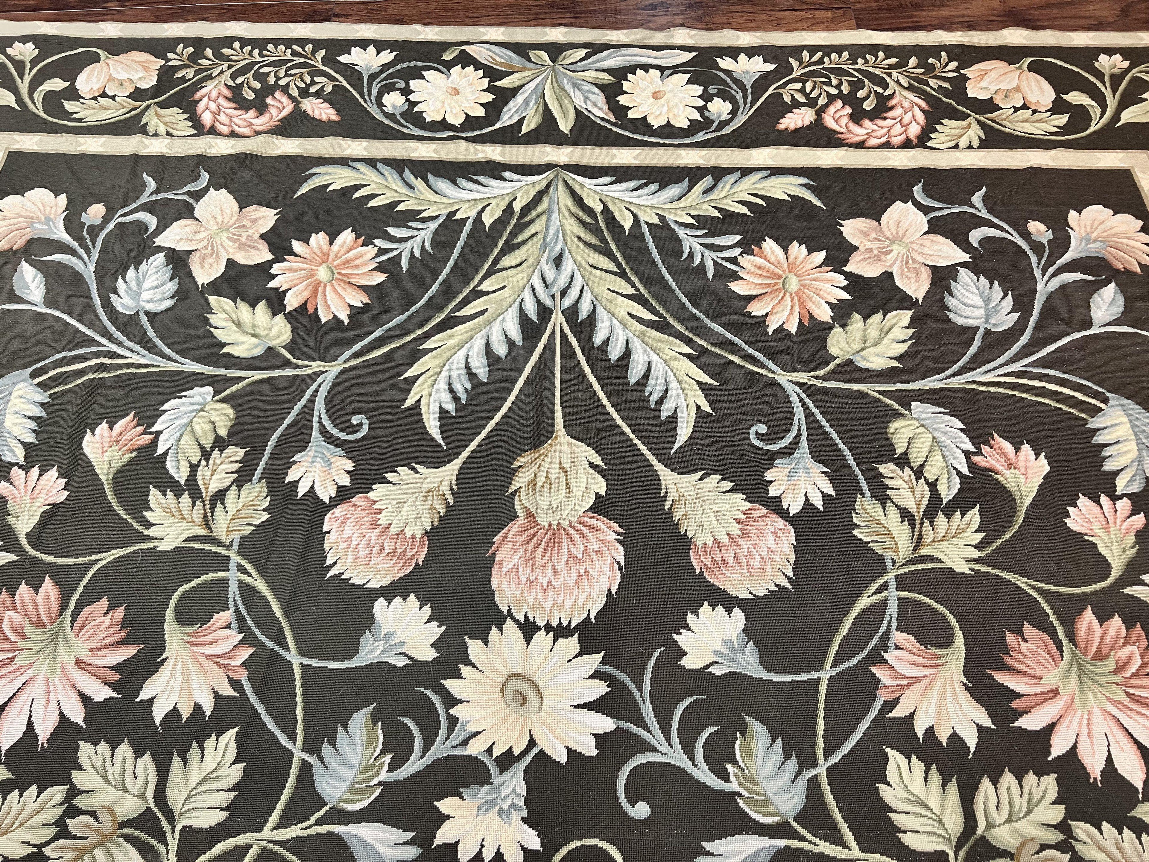 Large Needlepoint Rug 11x16, Dark Green Floral Elegant European Design Vintage Wool Handmade Carpet, Palace Size Rug
