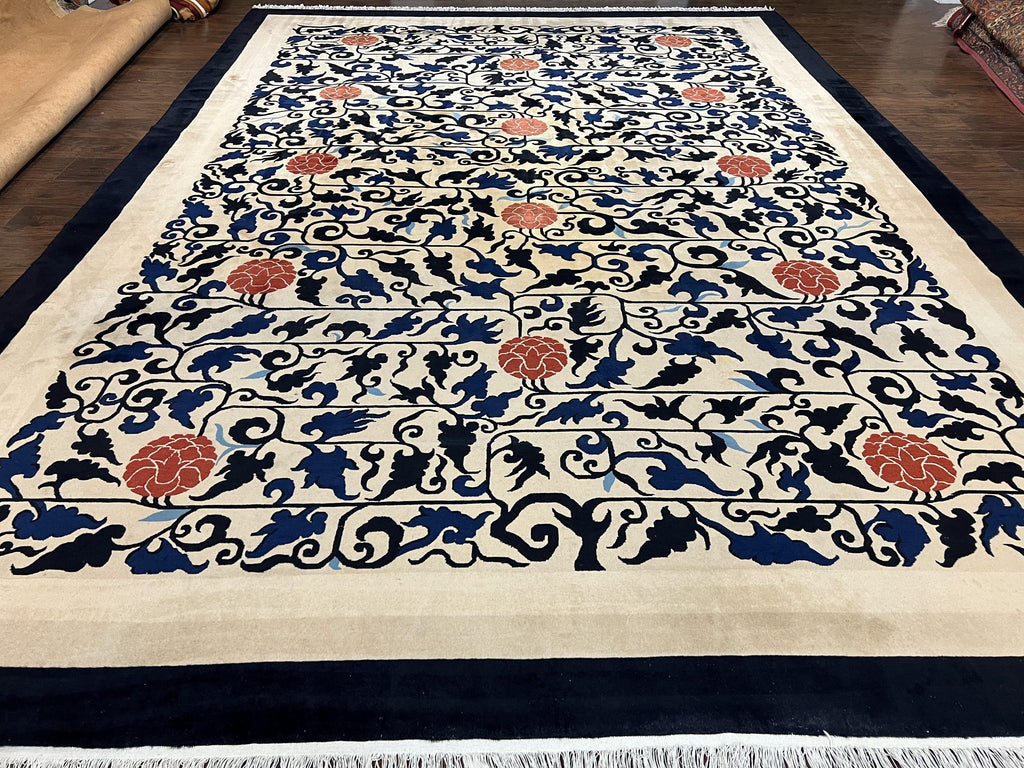 Antique Chinese Peking Rug 10x14, Beige Black, Handmade Wool Art Deco Carpet