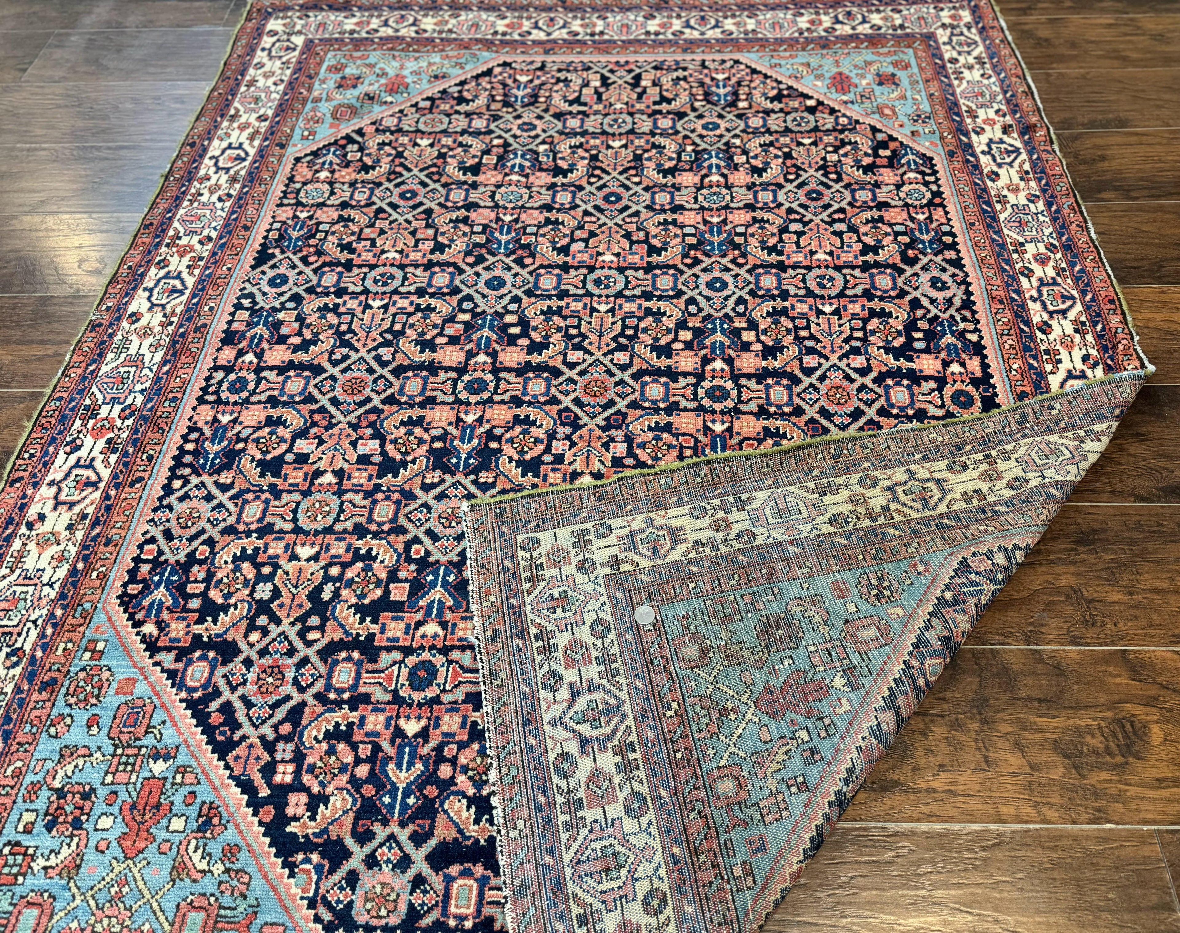 Antique Persian Rug 5 x 6.7, Navy Blue & Ivory, Handmade Persian Wool Carpet, Hamadan Angelas Rug