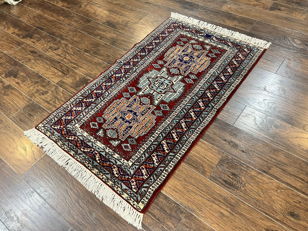 Pakistani Rug 3x5 ft, Caucasian Kazak Design, Geometric Rug, Small Vintage Oriental Carpet, Dark Red Vintage Handmade Wool Rug 3 x 5