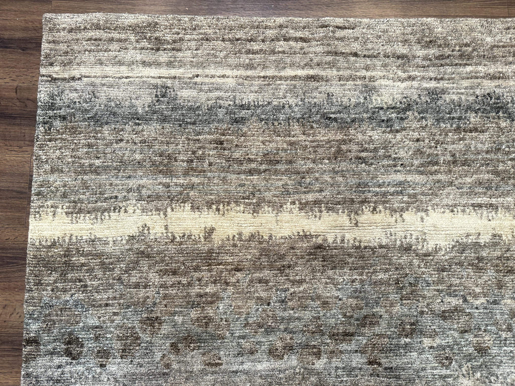 Modern Tibetan Wool Rug 8x10, Abstract, Contemporary, Handmade, Gray, Stripes